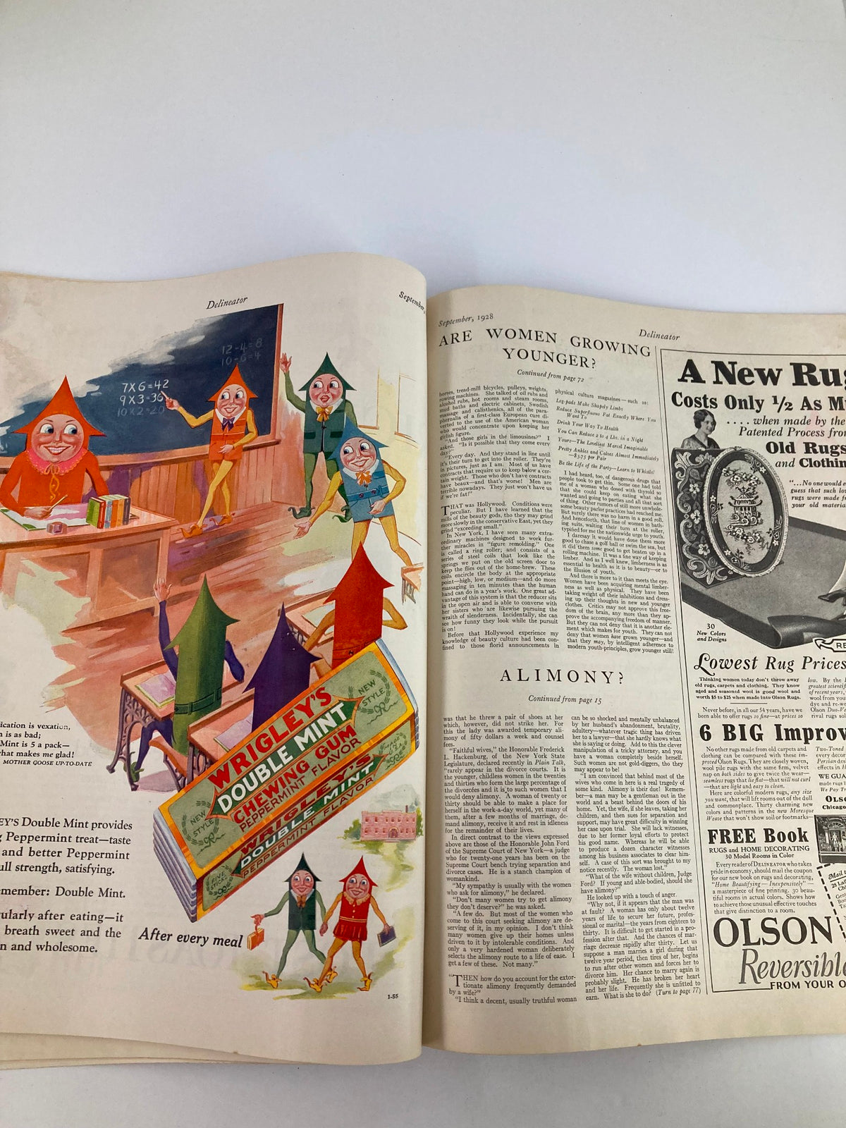 Interior page of VTG Delineator Magazine November 1928 by Helen Dryden showcasing a whimsical illustration related to Wrigley's Double Mint chewing gum.
