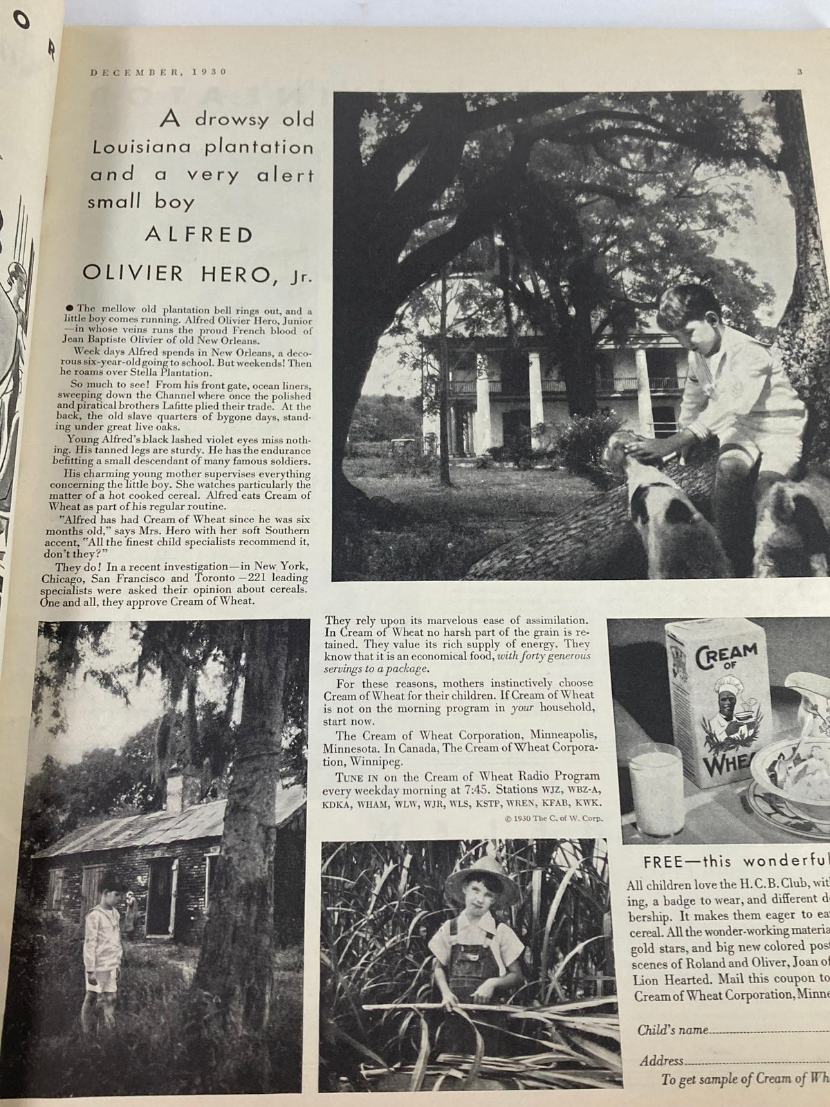 Inside page from VTG Delineator Magazine December 1930 featuring a narrative about a Louisiana plantation and a boy named Alfred Olivier Hero, Jr., with historical context and imagery.