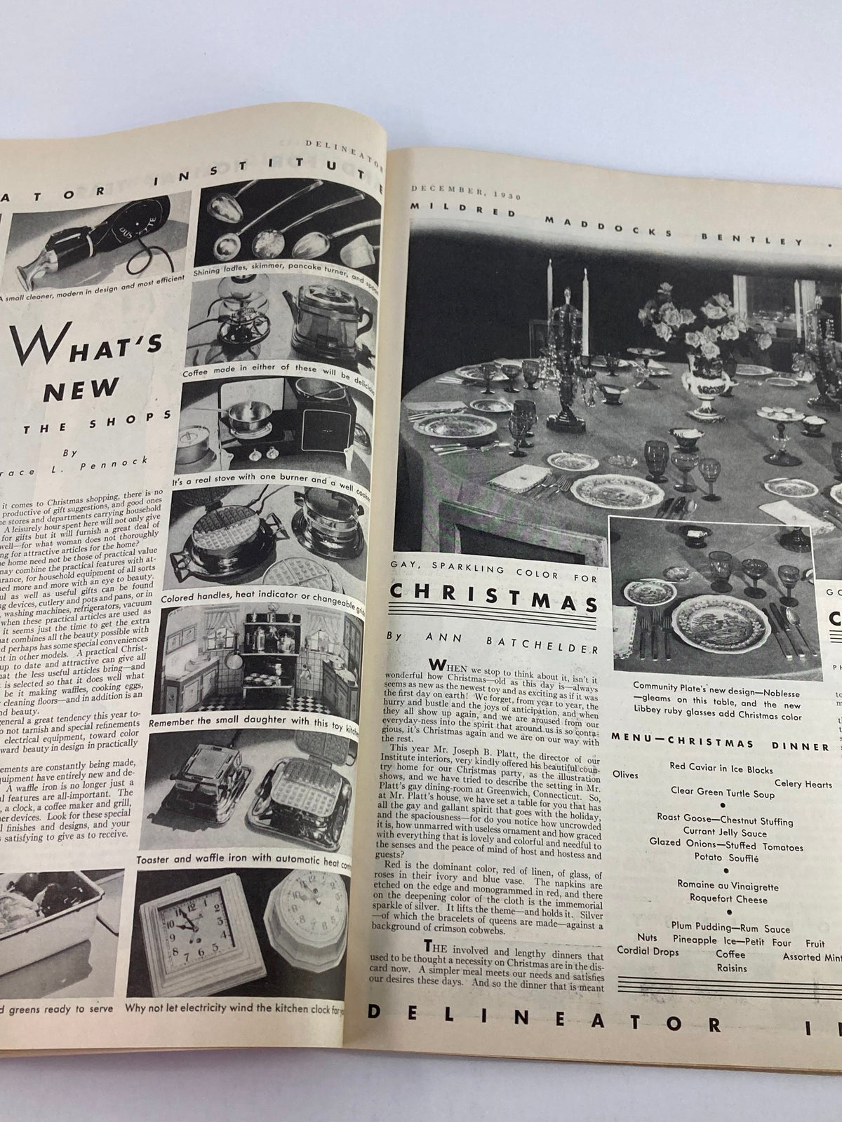 Feature page from VTG Delineator Magazine December 1930 showcasing Christmas dinner preparations with stylized images of festive dining ware and decor details.