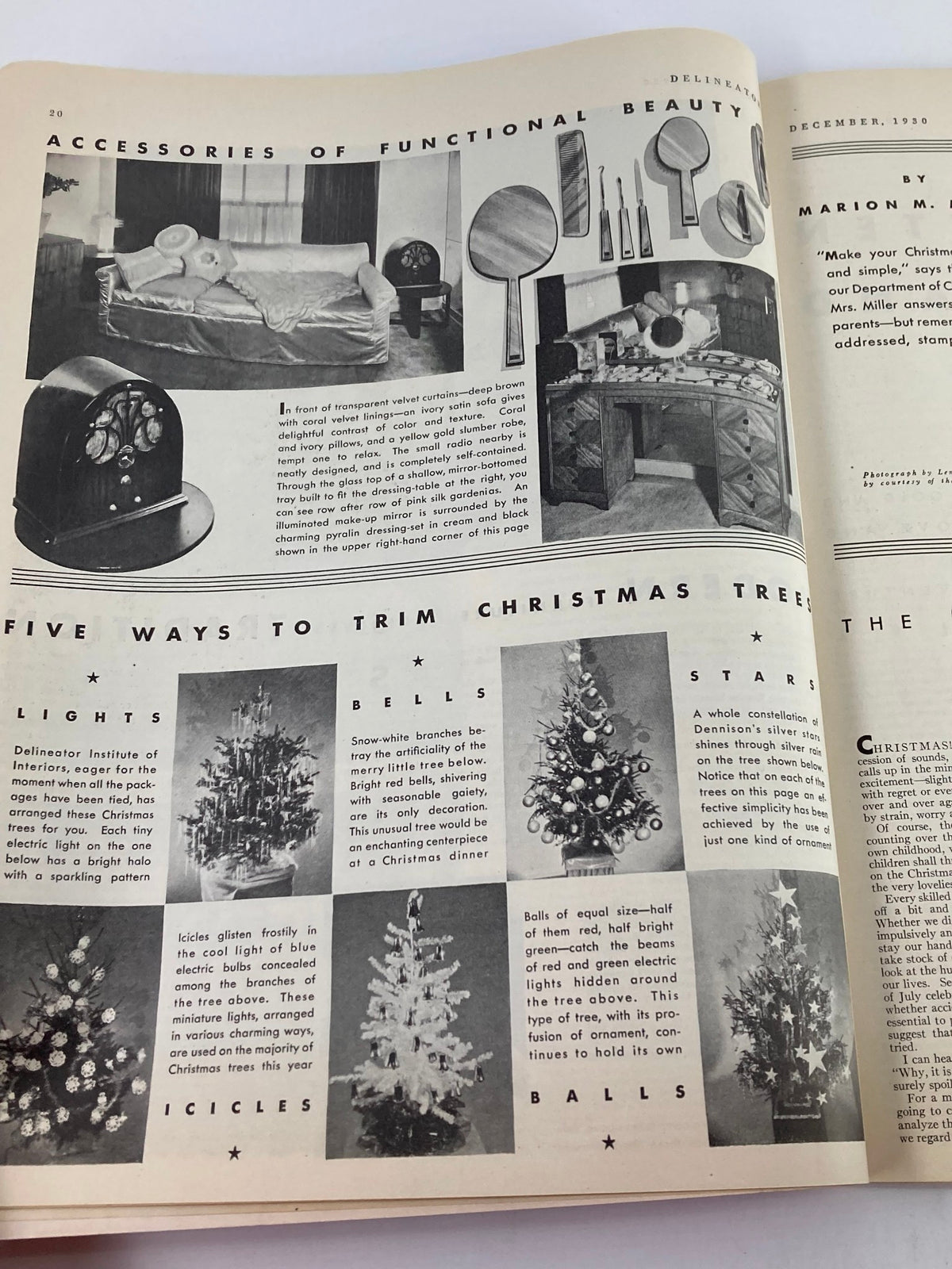 Page from VTG Delineator Magazine December 1930 highlighting Christmas tree decoration ideas with visual concepts of lights, bells, and ornaments related to holiday festivities.