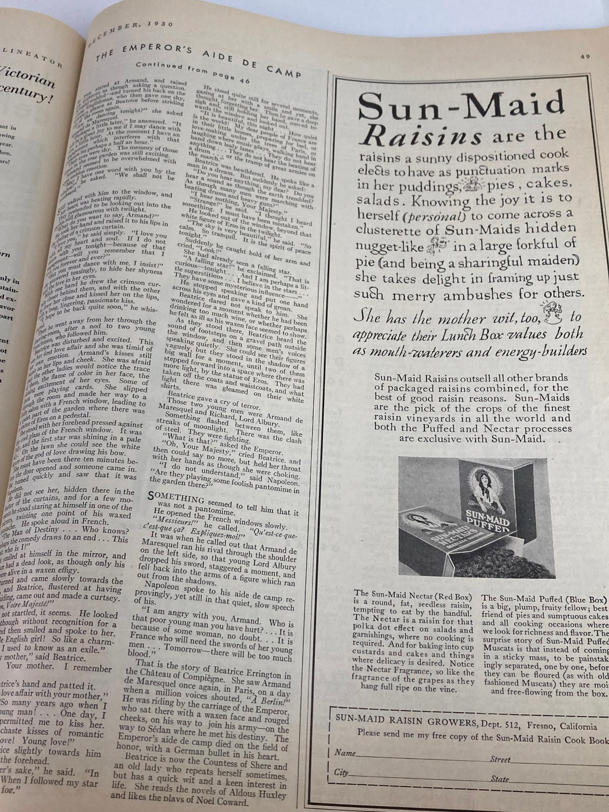 Second page from VTG Delineator Magazine December 1930 displaying a story titled 'The Emperor's Aide De Camp' along with text and a product advertisement for Sun-Maid Raisins.