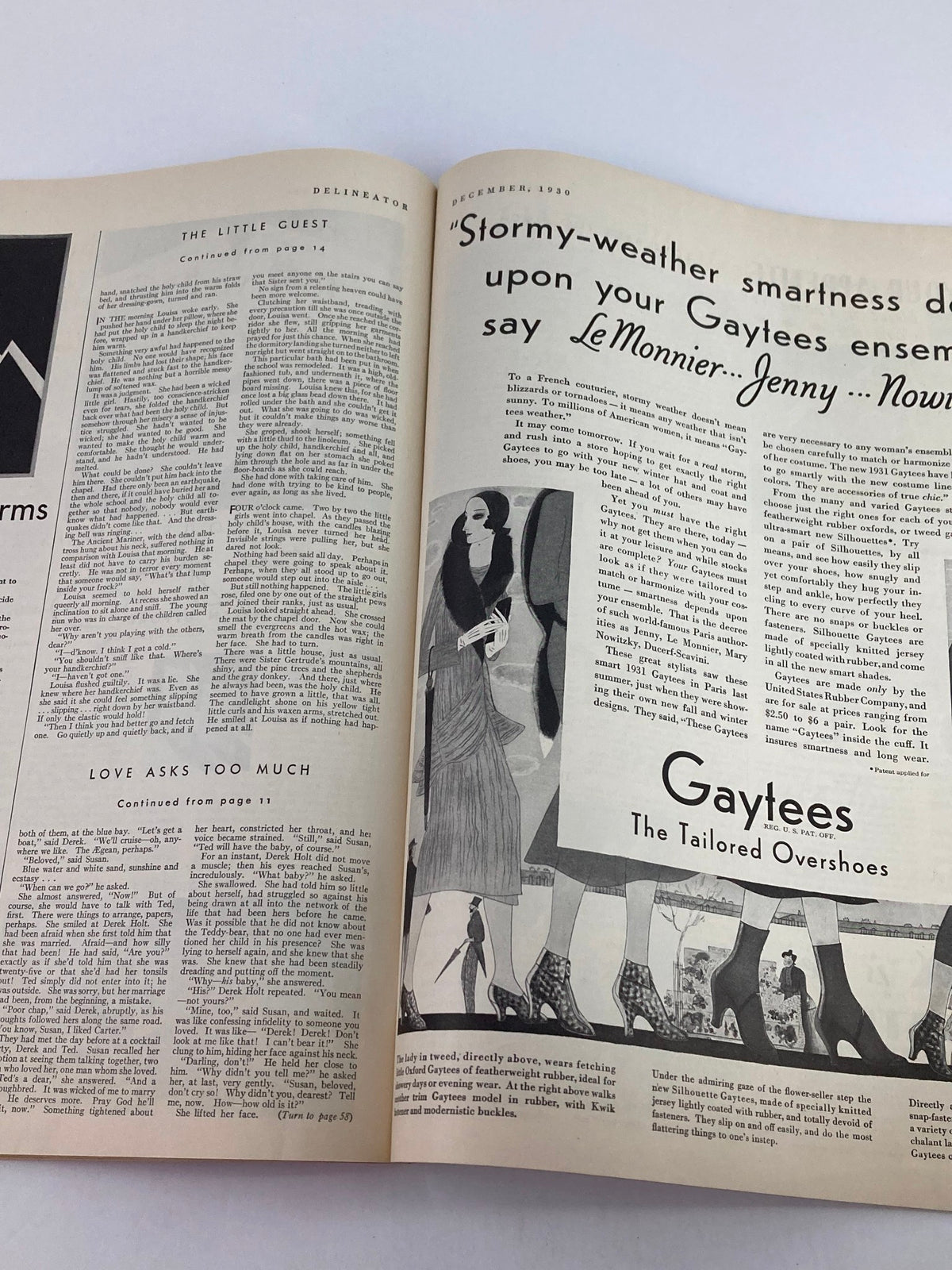 Another page from VTG Delineator Magazine December 1930 featuring the article 'Love Asks Too Much' and a stylish advertisement for Gaytees, the tailored overshoes.