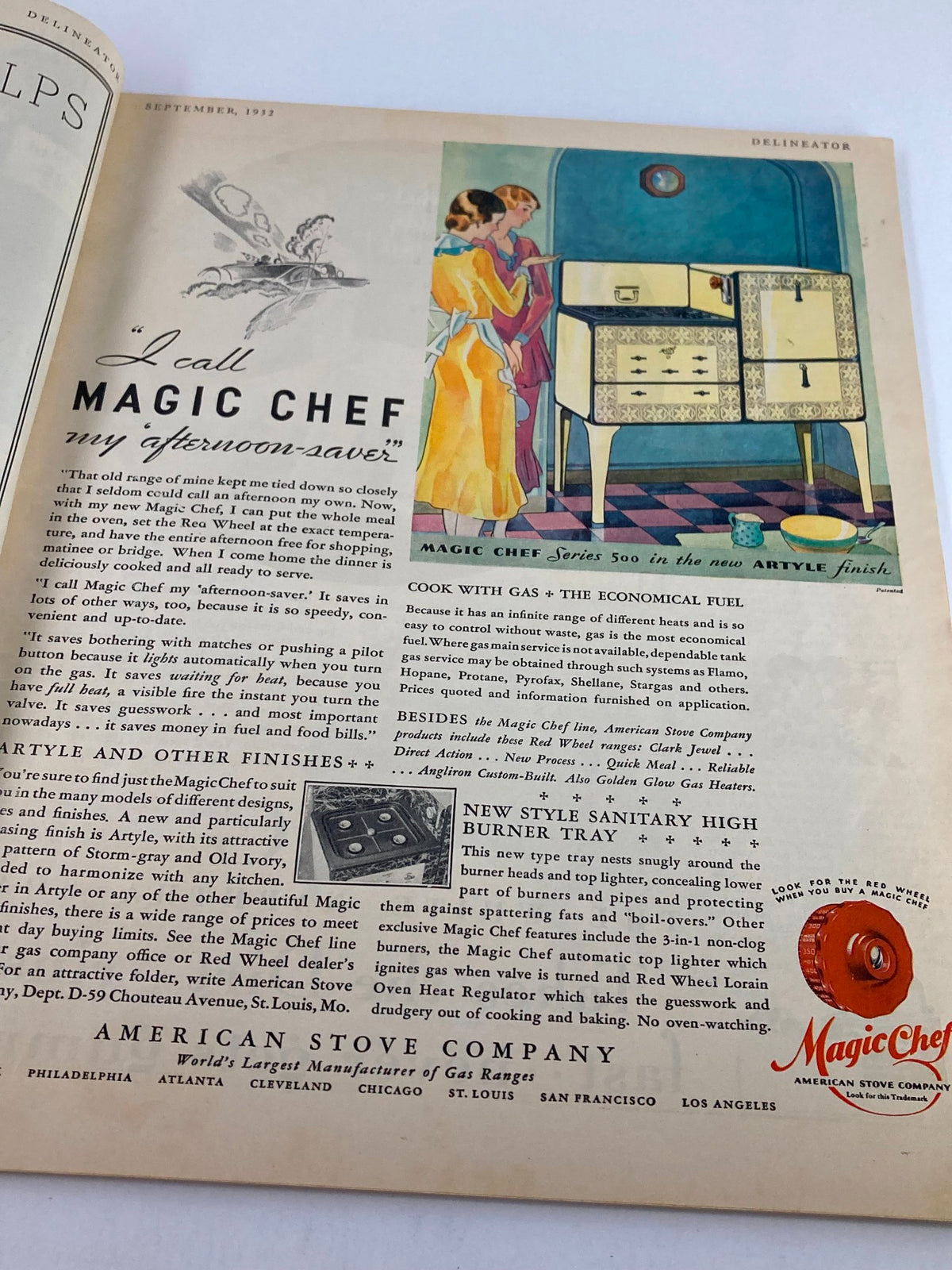 VTG Delineator Magazine September 1932 advertisement for Magic Chef stove showcasing women cooking with modern kitchen appliances.