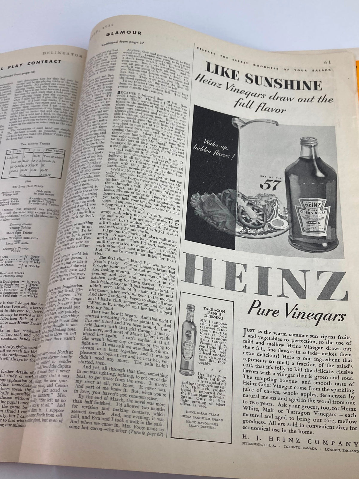 Another interior page of VTG Delineator Magazine September 1932 showcasing a story alongside an advertisement for Heinz vinegars, illustrating vintage marketing style.