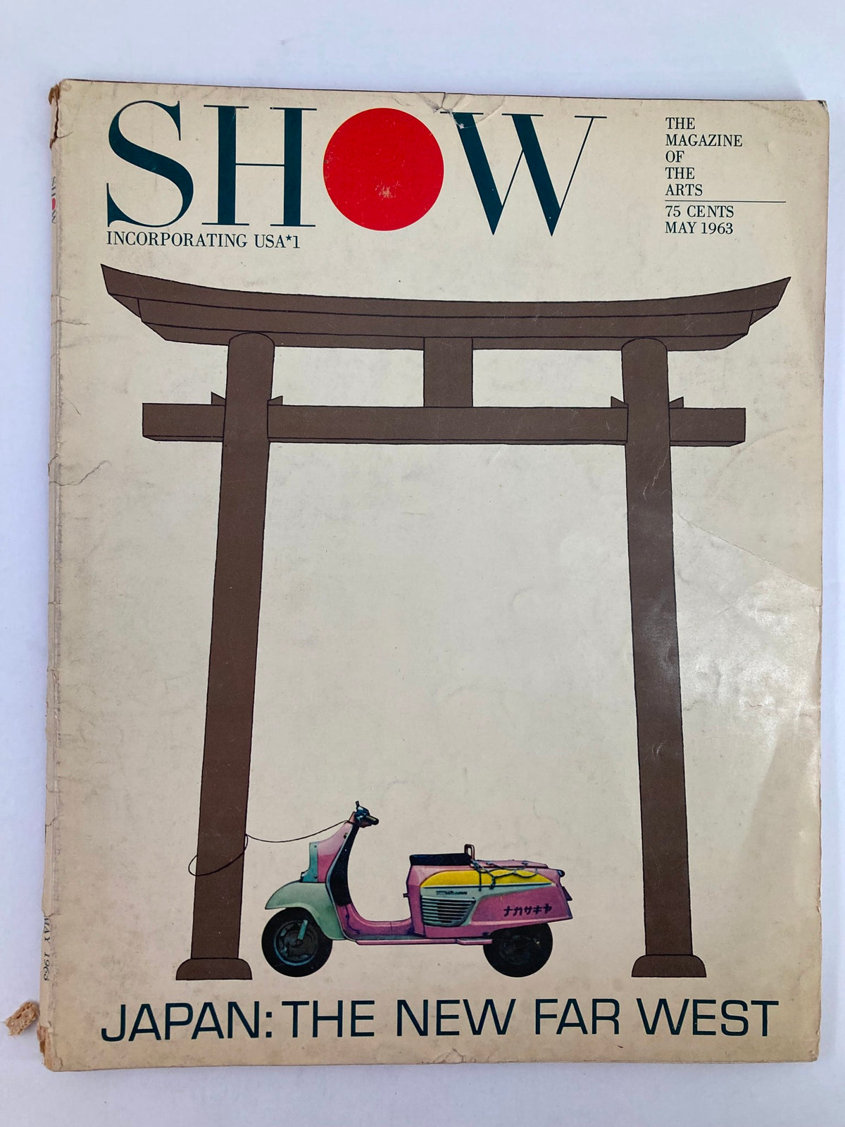 VTG Show Magazine of the Arts May 1963 cover featuring the theme 'Japan: The New Far West' with a unique graphic of a Torii gate and a colorful scooter.