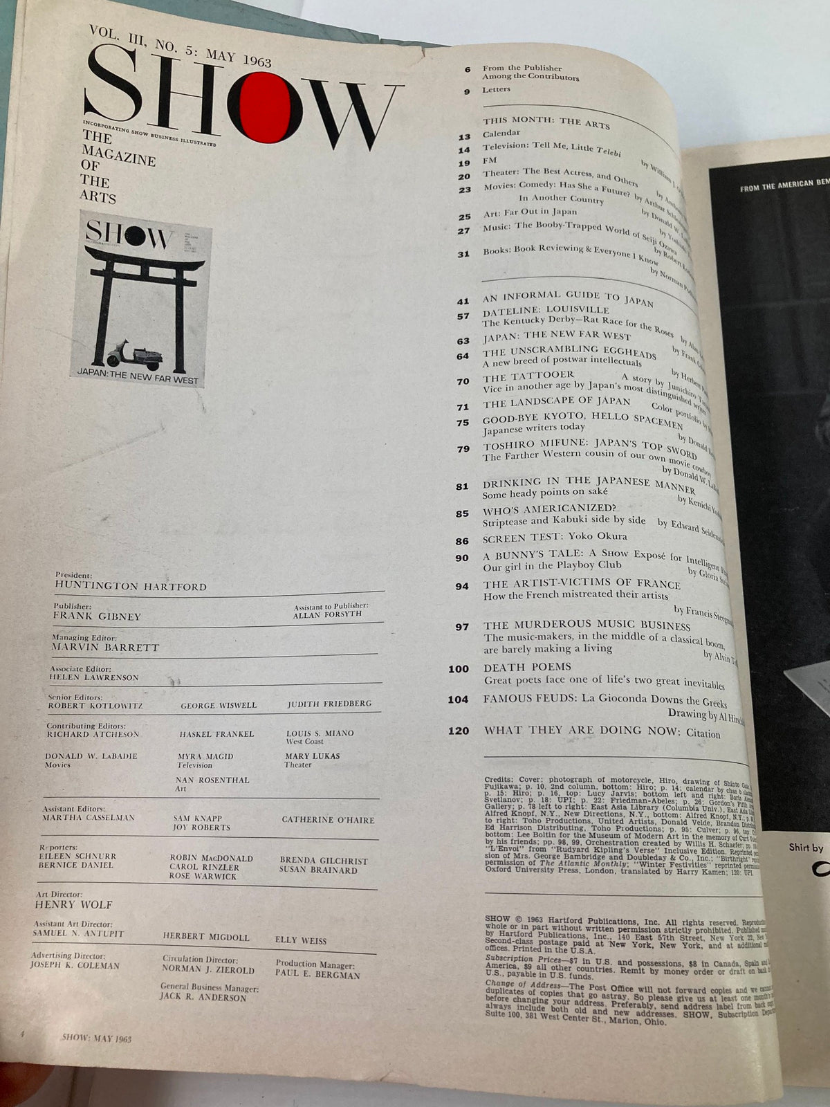 Table of contents page from the VTG Show Magazine of the Arts May 1963, providing an overview of articles including features on Japan's artistic landscape.