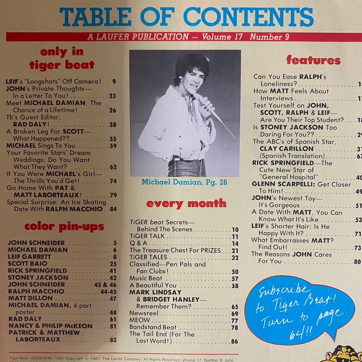 Table of contents page from Tiger Beat Magazine June 1981, showcasing features including Michael Damian and Ralph Macchio, along with various popular segments.