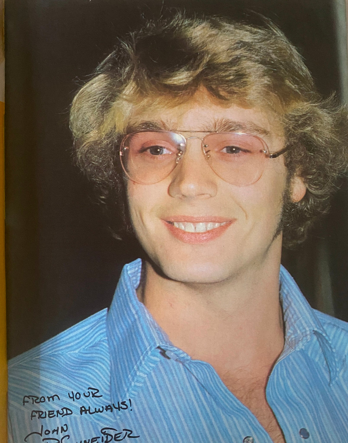 Photo of John Schneider in Tiger Beat Magazine June 1981, depicting his candid smile and personal message of friendship.