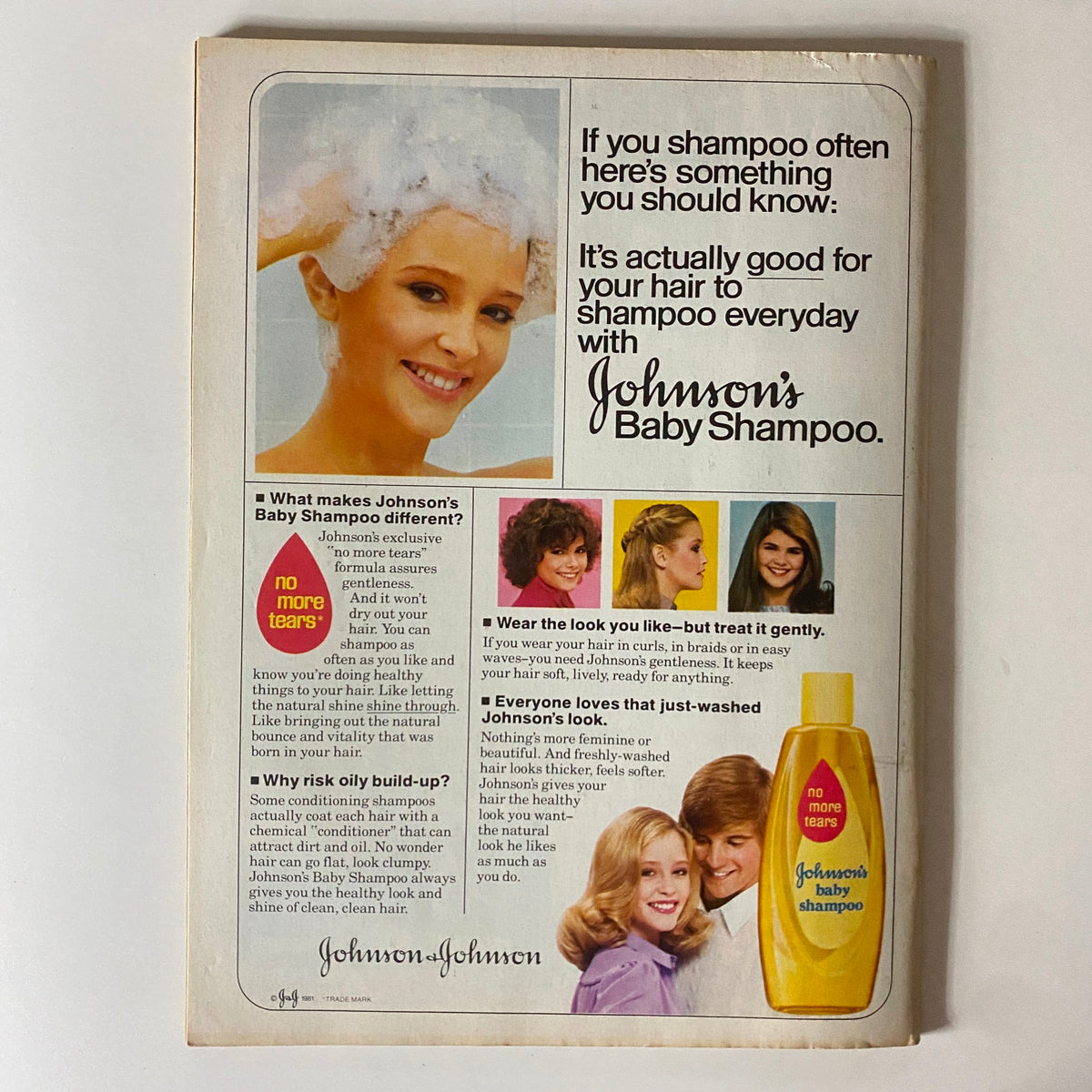 Vintage advertisement for Johnson's Baby Shampoo featured in Tiger Beat Magazine, June 1981. Showcases a smiling woman with foamy hair and showcases benefits and application tips for the product.