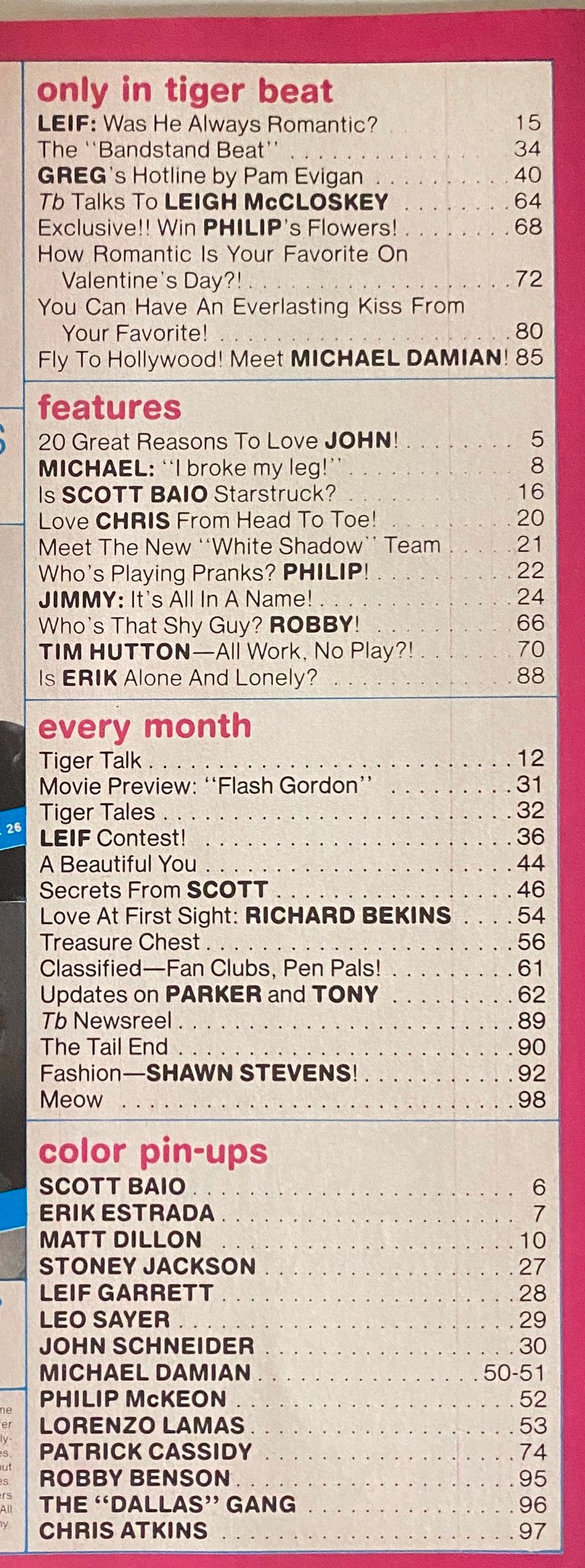 Contents page of Tiger Beat Magazine February 1981 listing featured articles and sections, including exclusive content about Michael Damian.