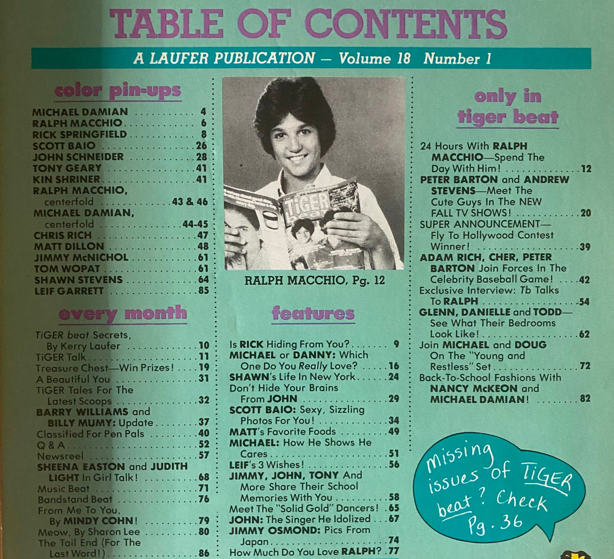 Table of contents from Tiger Beat Magazine, October 1981 listing articles and features, including pin-ups and interviews with teen idols like Ralph Macchio and Scott Baio.