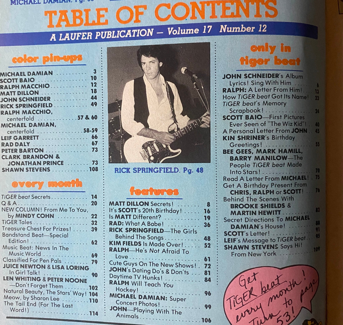 Contents page of Tiger Beat Magazine September 1981 listing features and pin-ups including Rick Springfield and Scott Baio among others.