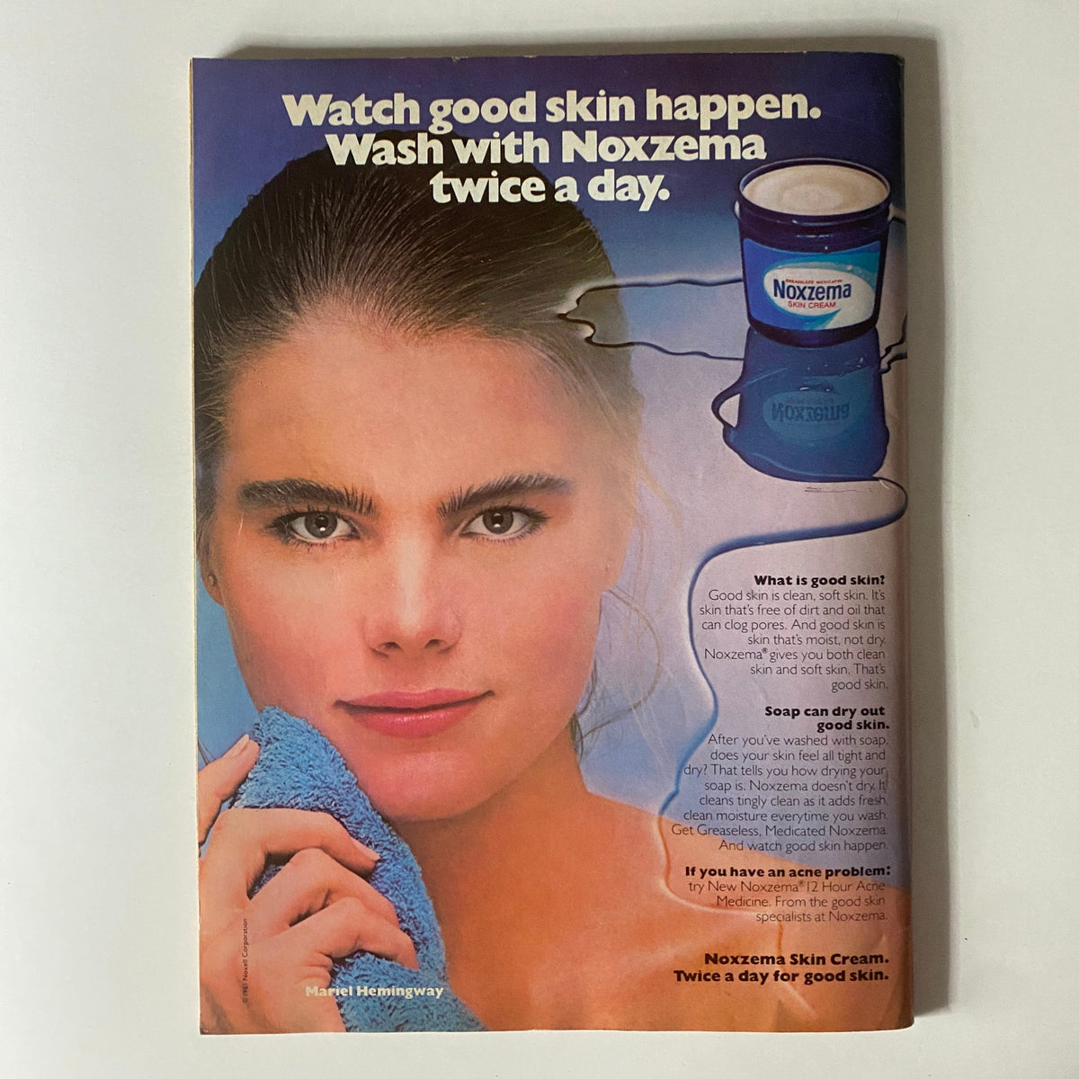 Advertisement in Tiger Beat Magazine September 1981 for Noxzema Skin Cream featuring a model holding a towel, promoting skincare with the tagline 'Watch good skin happen. Wash with Noxzema twice a day.' This vintage ad captures 80s beauty trends.