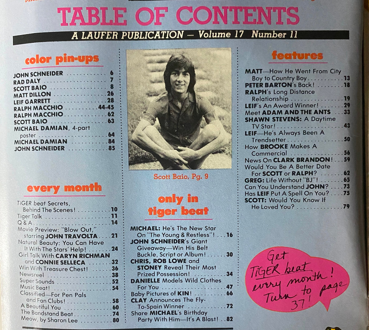 Table of contents from Tiger Beat Magazine August 1981 listing features and articles, including Scott Baio and Ralph Macchio.