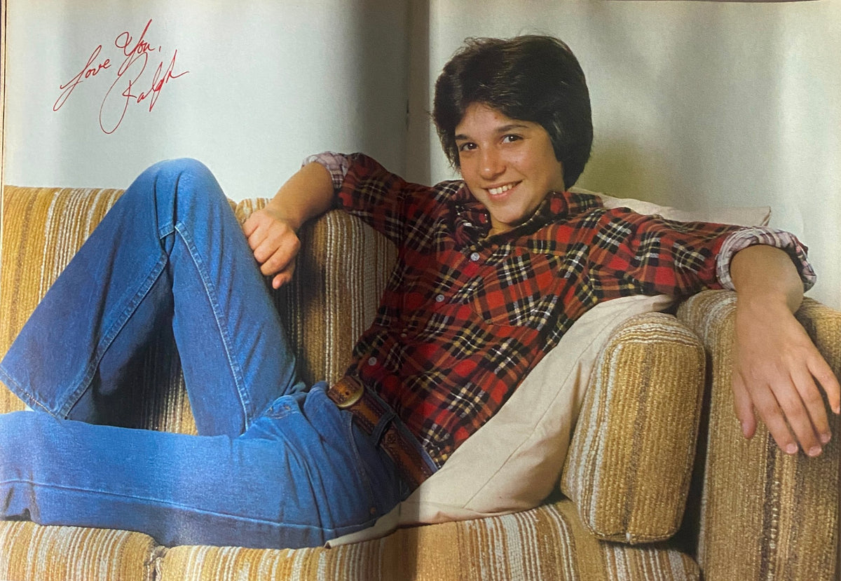 Tiger Beat Magazine August 1981 featuring Ralph Macchio lounging on a striped couch, highlighting his signature plaid shirt and inviting smile, capturing the charm of 1980s teen idols.