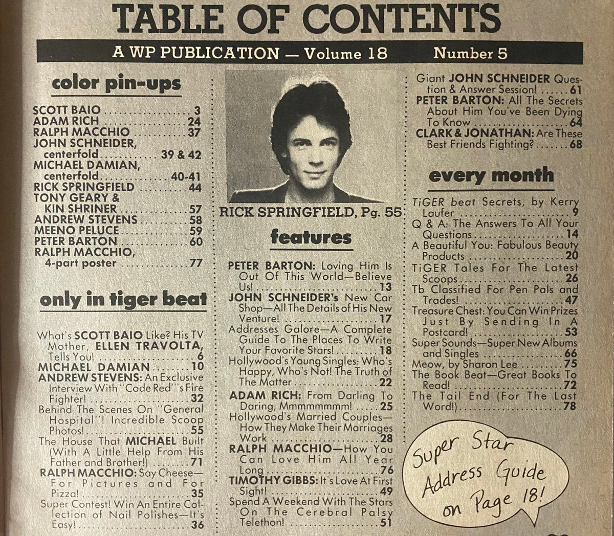 Table of contents from Tiger Beat Magazine February 1982, listing features including color pin-ups and exclusive articles about celebrities.