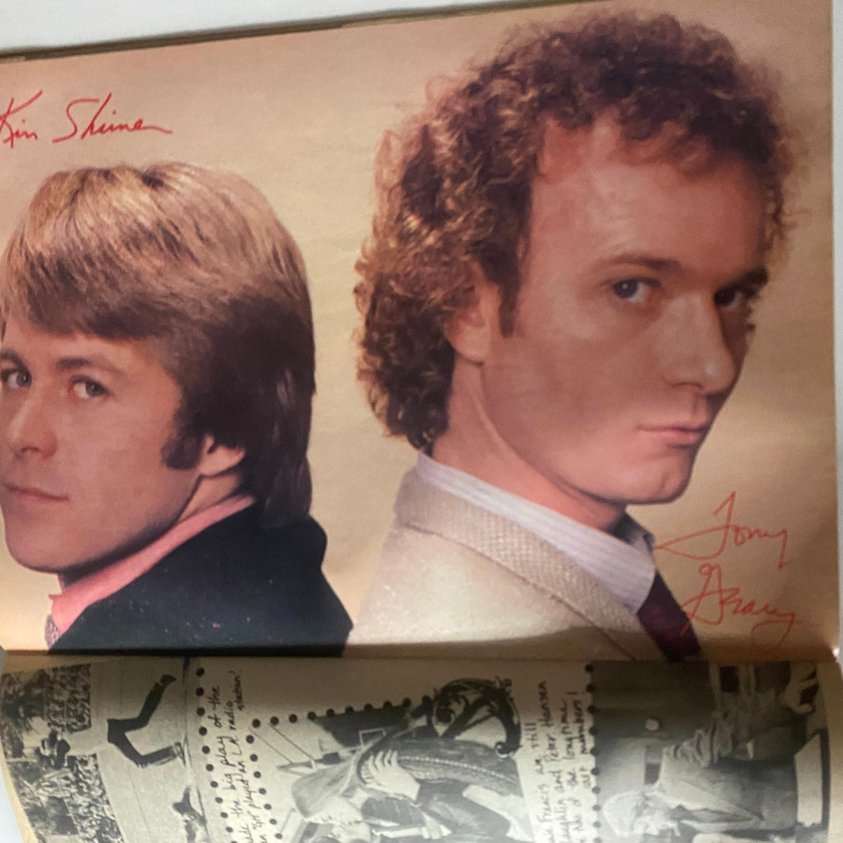 Tiger Beat Magazine February 1982 page showing Kim Shiner and Tony Brady, representing classic 1980s celebrity styles and nostalgia.