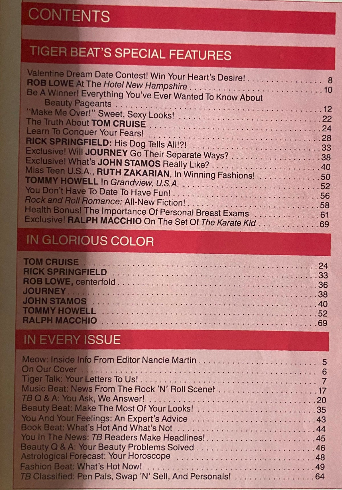 Table of contents from Tiger Beat Magazine February 1984, detailing features on celebrities like Rob Lowe, John Stamos, and special contests for teenage readers.