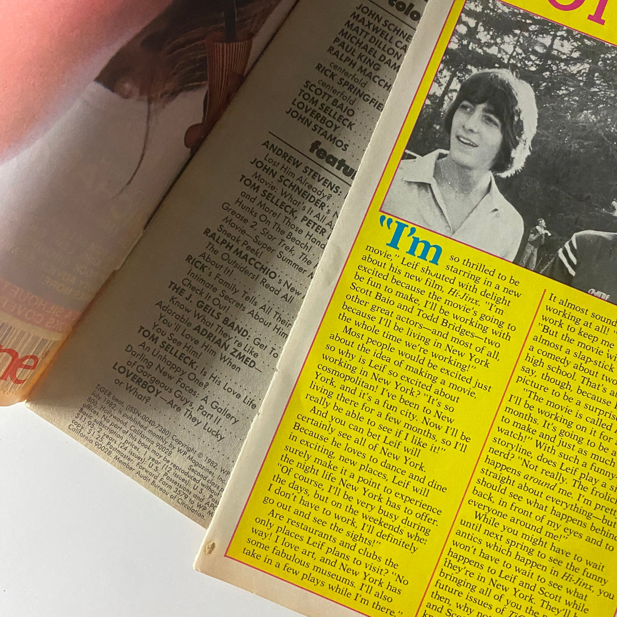 Inside page of Tiger Beat Magazine July 1982 showcasing an interview feature with a young actor, highlighting the magazine's focus on celebrity culture.