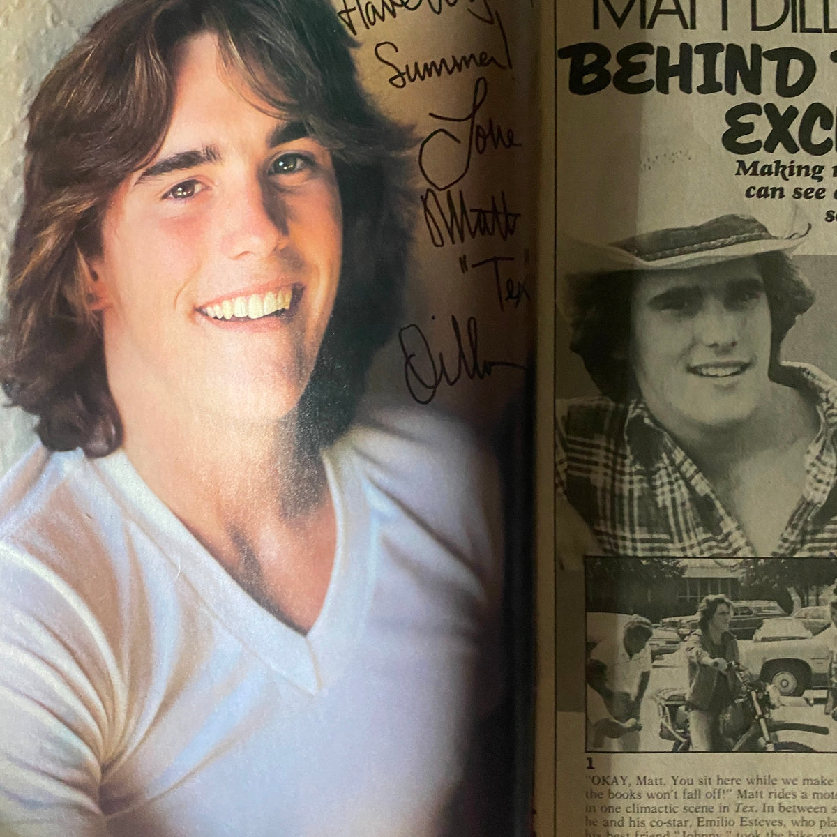 Matt Dillon's profile in Tiger Beat Magazine July 1982, displaying his signature and discussing his projects and appeal as a teen idol.
