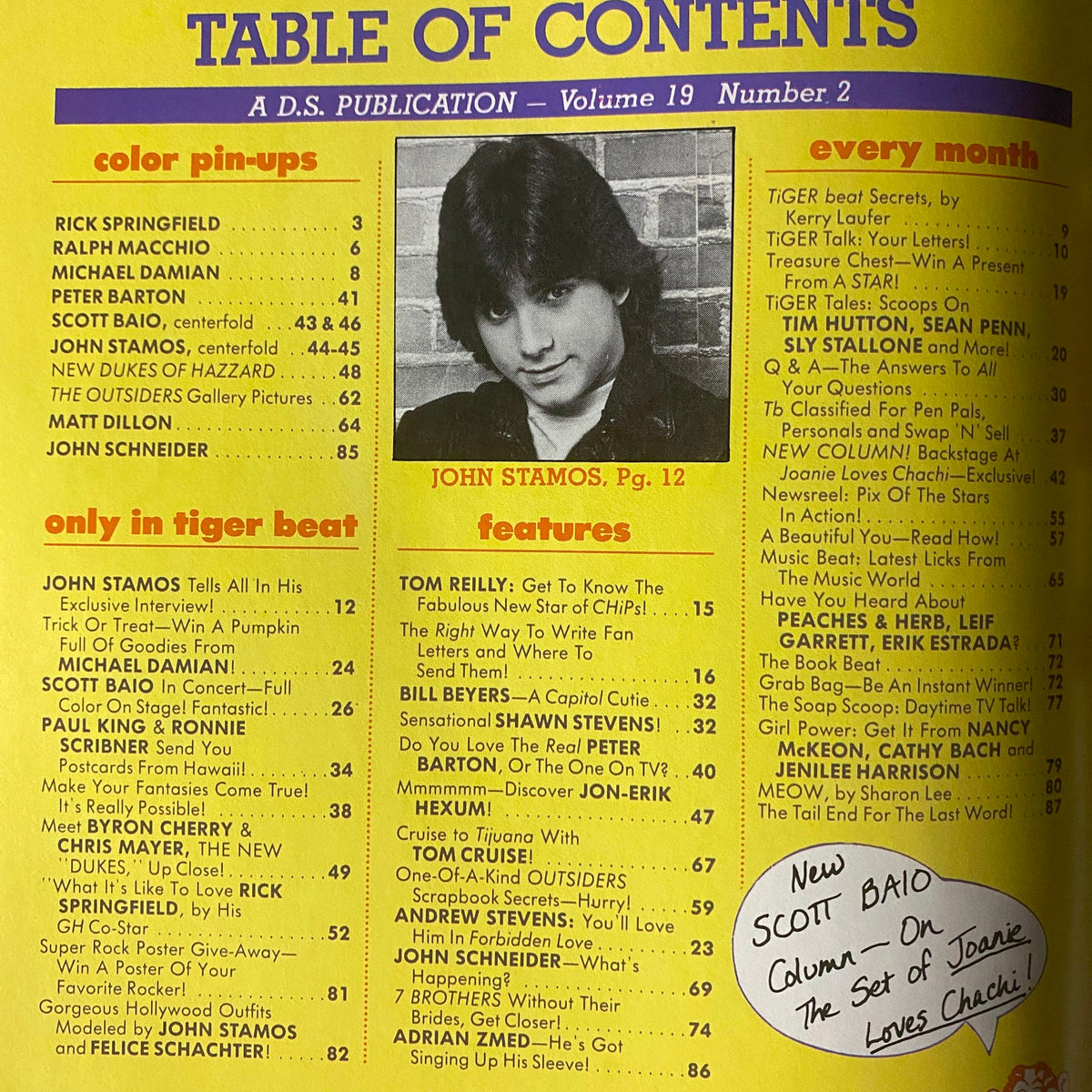 Table of contents from Tiger Beat Magazine November 1982 showcasing celebrities including Scott Baio and John Stamos, detailing features and color pin-ups.