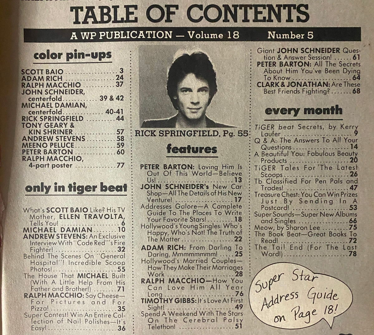 Table of contents from Tiger Beat Magazine February 1982 listing featured articles about Ralph Macchio and Peter Barton along with celebrity interviews.