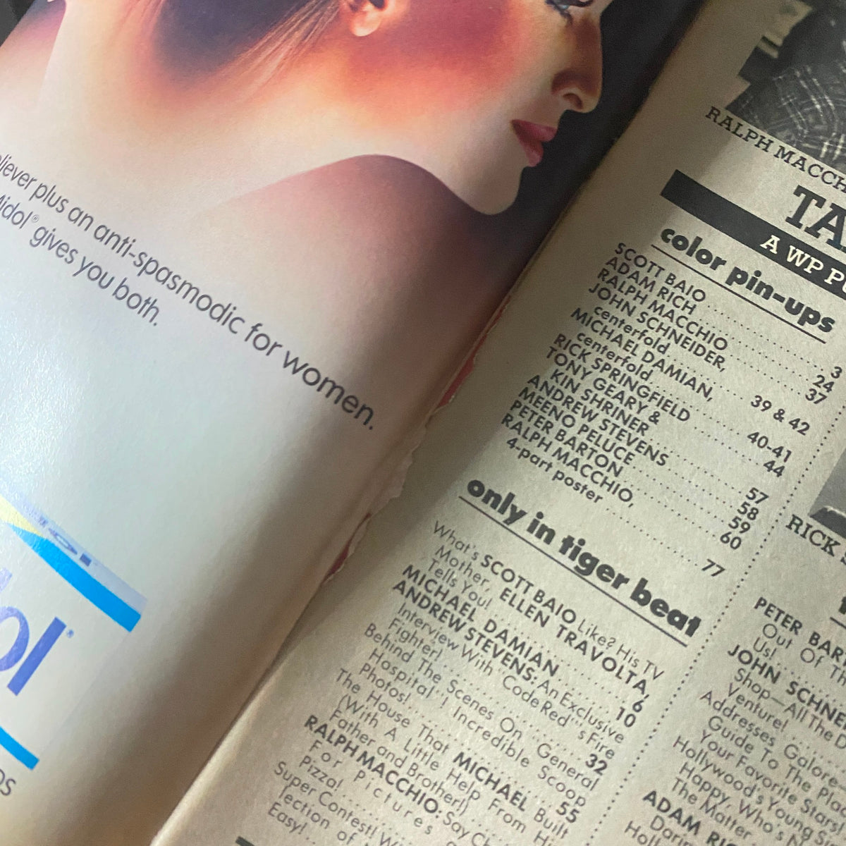 Interior page of Tiger Beat Magazine February 1982 highlighting exclusive content focused on Ralph Macchio and Peter Barton.