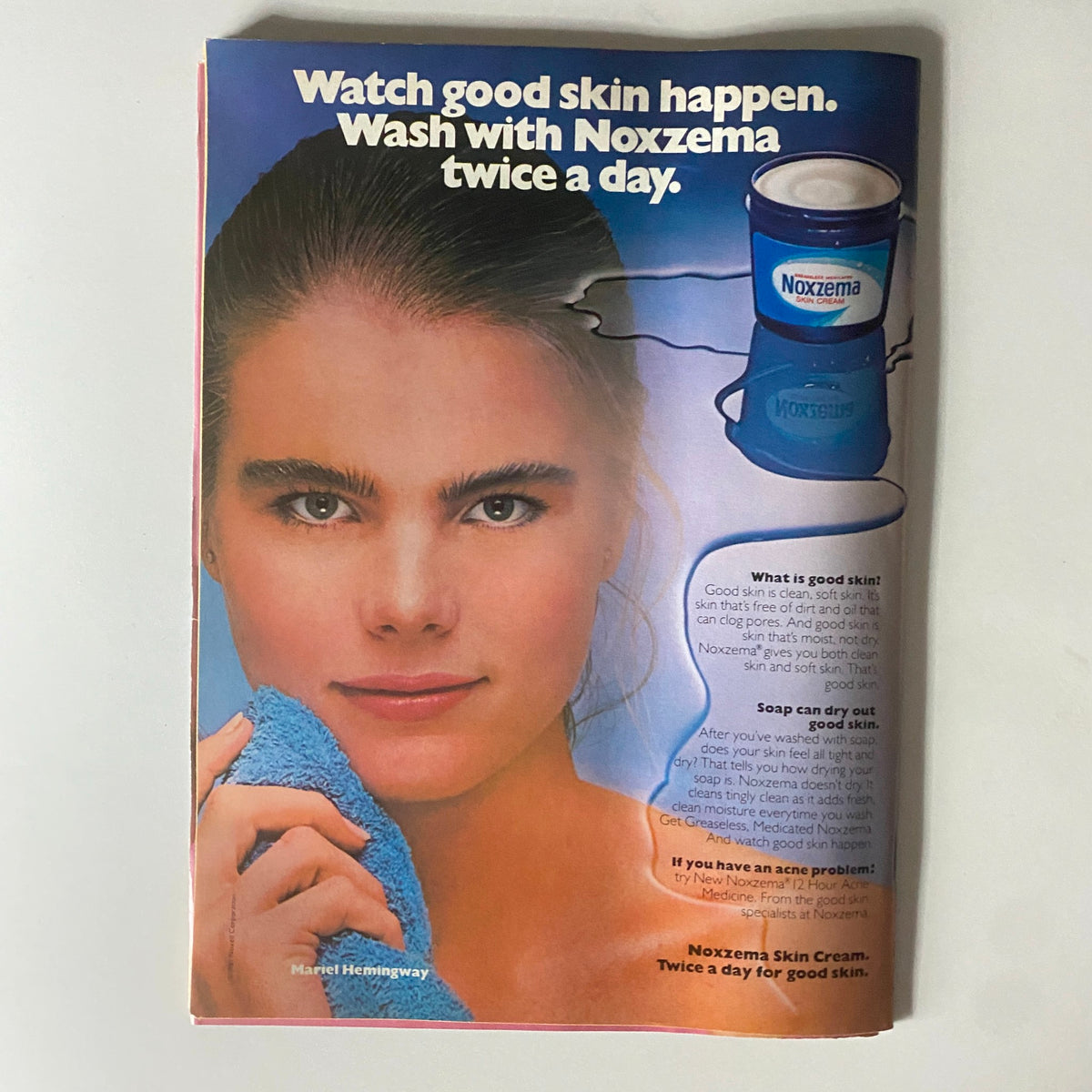 Vintage advertisement for Noxzema skin cream featuring Mariel Hemingway, urging viewers to wash with Noxzema twice a day. Displayed in the February 1982 issue of Tiger Beat Magazine with Ralph Macchio and Peter Barton on the cover.