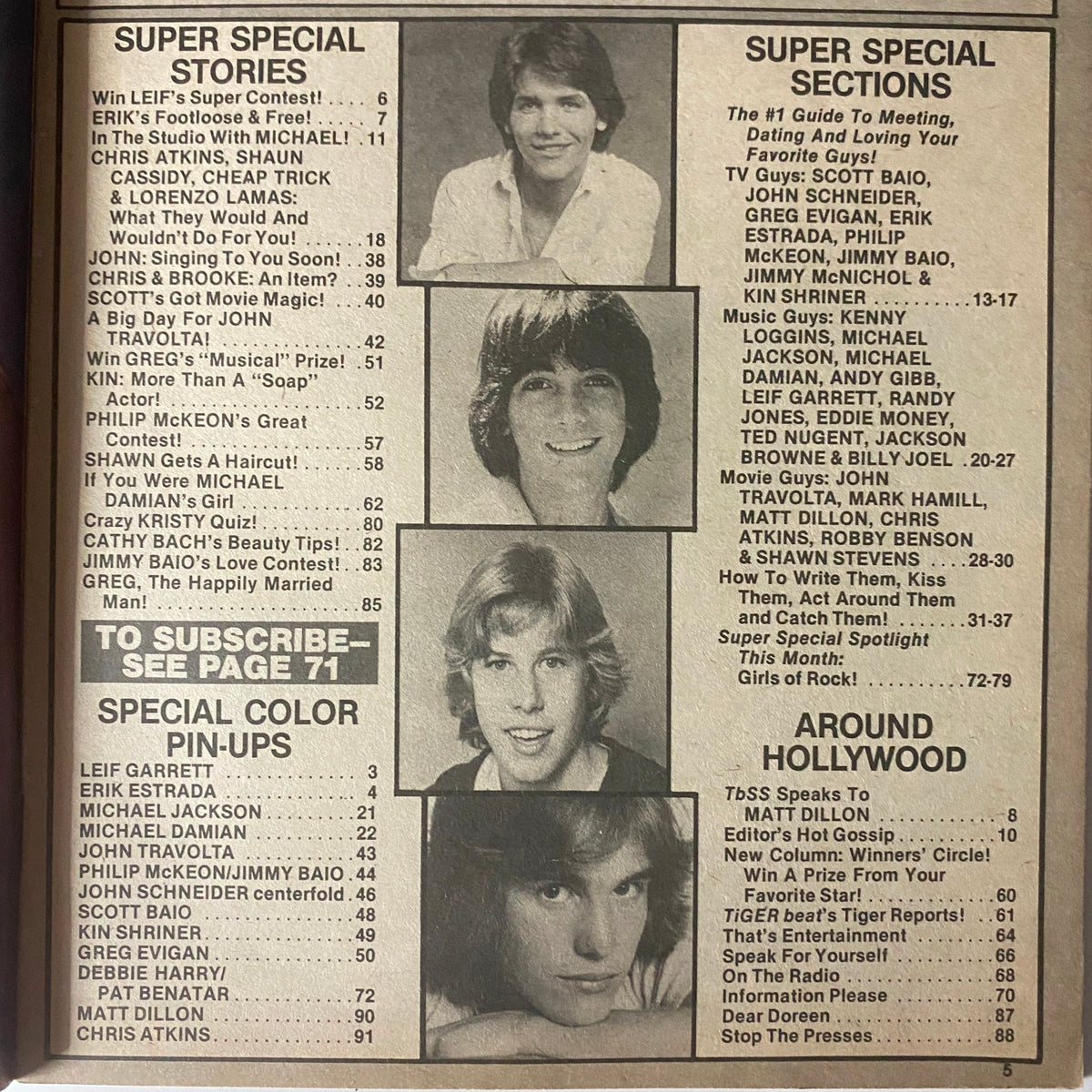 Table of contents from Tiger Beat Magazine October 1980 showcasing featured articles and stars including Chris Atkins and Scott Baio.