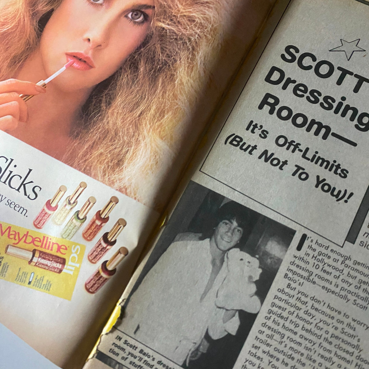 Interior page of Tiger Beat Star Super Special April 1981 showcasing an advertisement and a feature on Scott Baio's dressing room, emphasizing the magazine's vintage appeal.