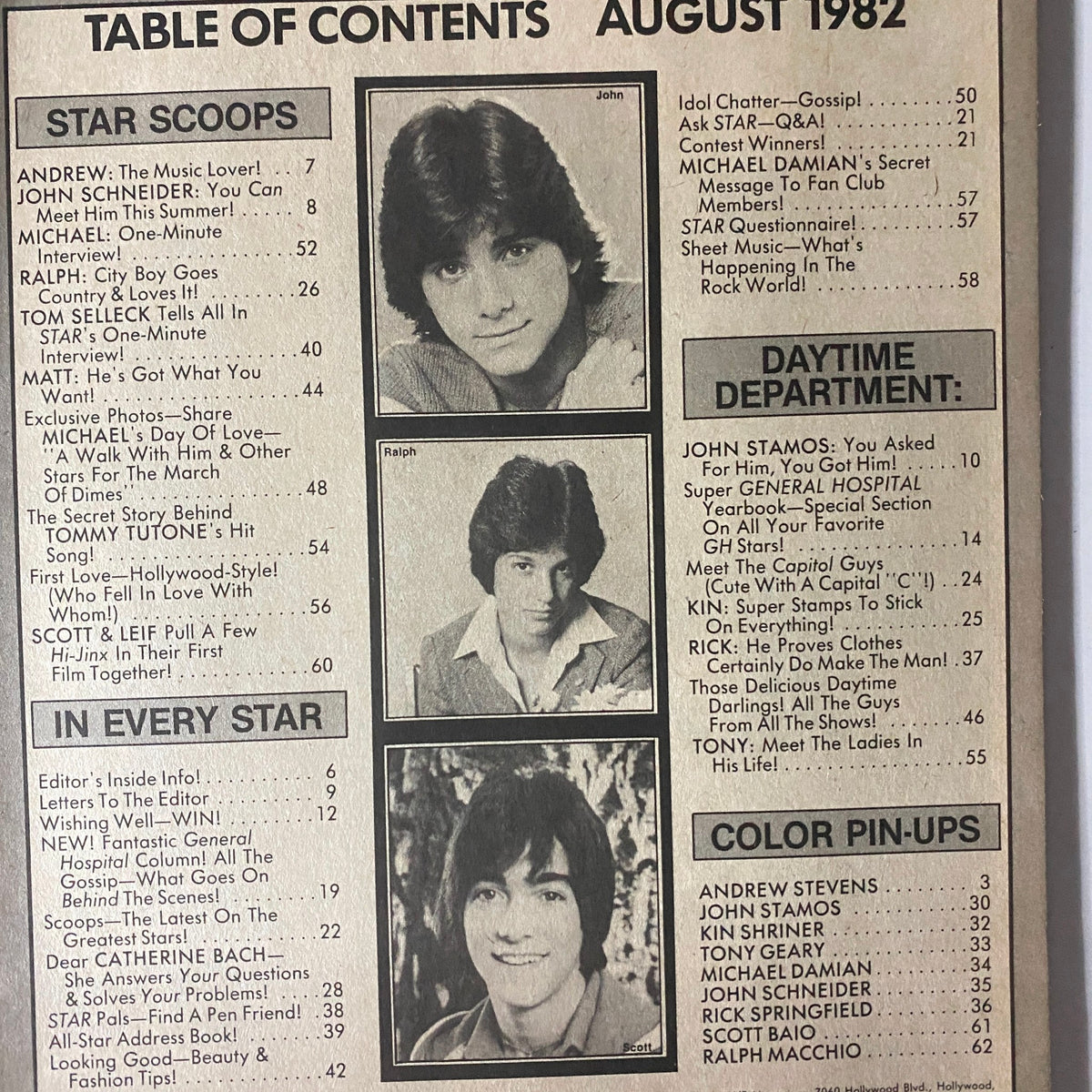 Table of contents page from Tiger Beat Star Magazine August 1982, showcasing featured articles and pin-ups of John Stamos, Ralph Macchio, and others, highlighting the pop culture of the 1980s.