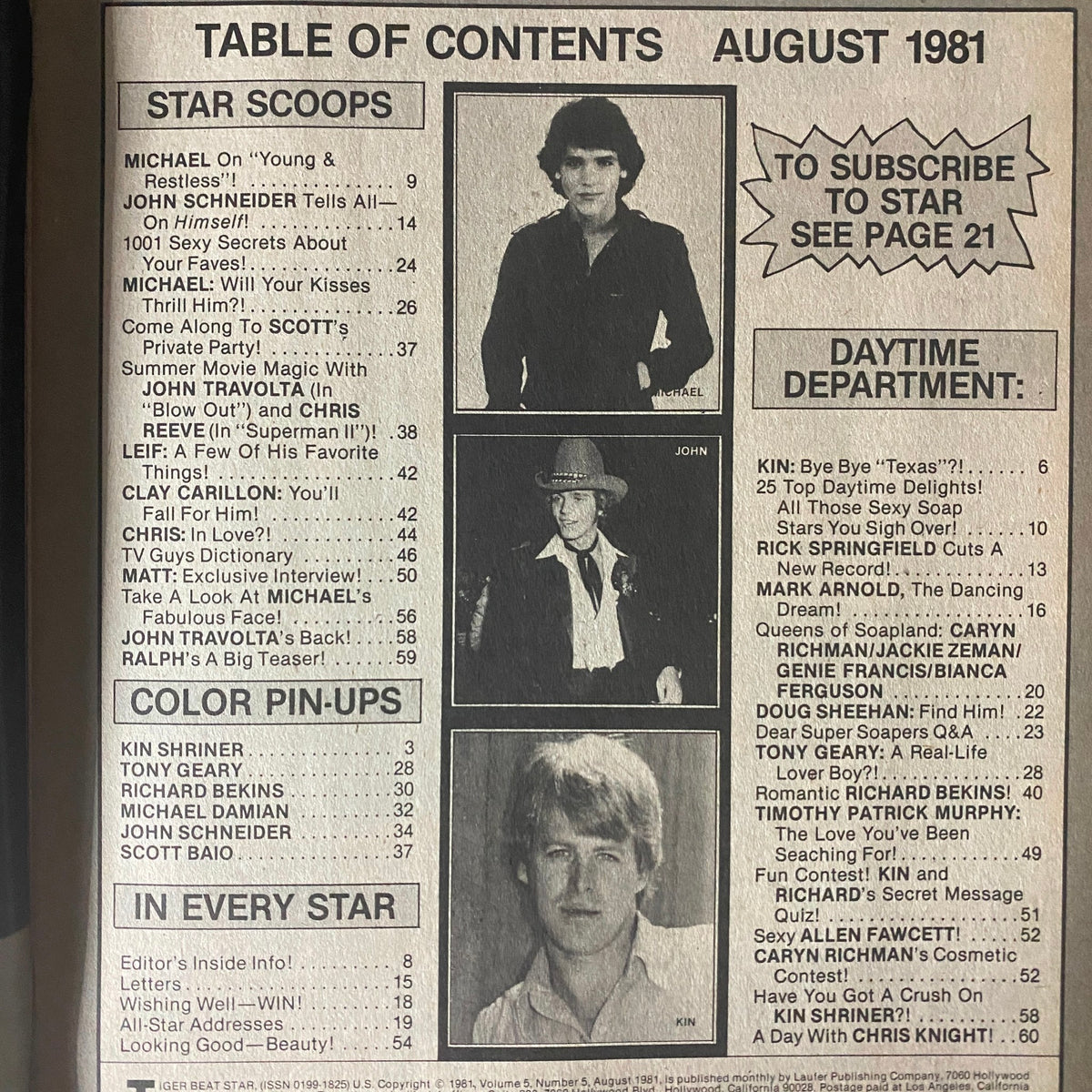 Table of contents from Tiger Beat Star Magazine August 1981 highlighting features on celebrities including Scott Baio, John Schneider, and Michael Damian.