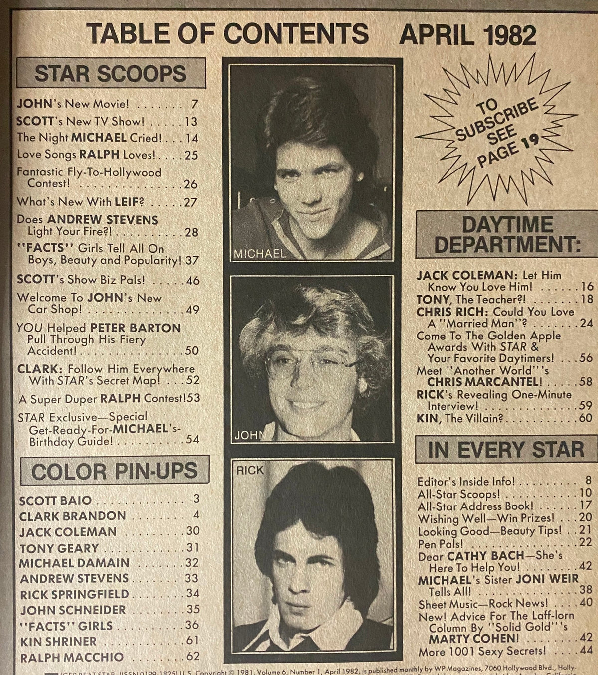 Table of contents from Tiger Beat Star Magazine April 1982, showcasing features on teen stars and various articles, including Michael Damian and Scott Baio.
