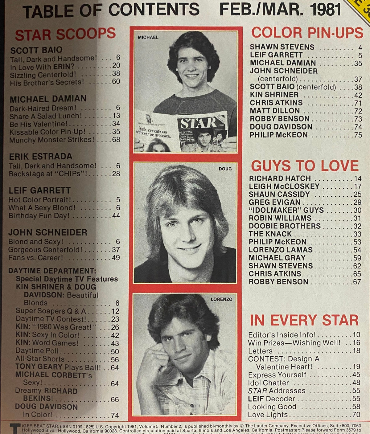 Table of contents from the February 1981 Tiger Beat Star Magazine, listing articles and features about Scott Baio, Michael Damian, and other teen stars.