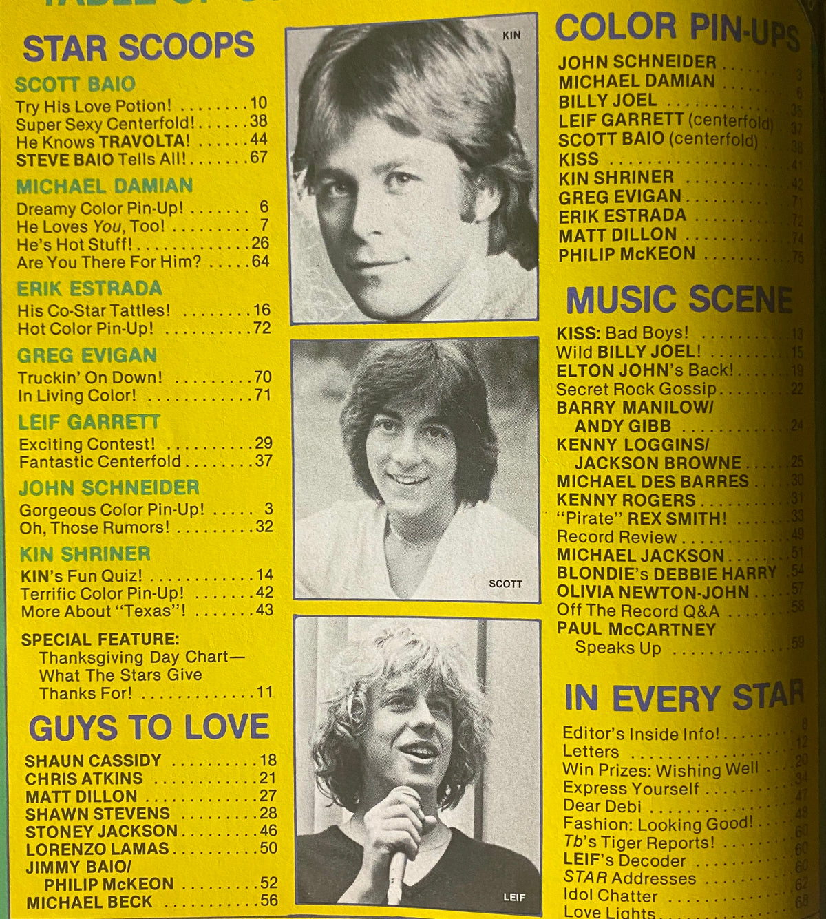 Inside pages of Tiger Beat Star Magazine December 1981 showcasing the table of contents with featured stars like Scott Baio and Michael Damian, highlighting exclusive articles and color pin-ups.
