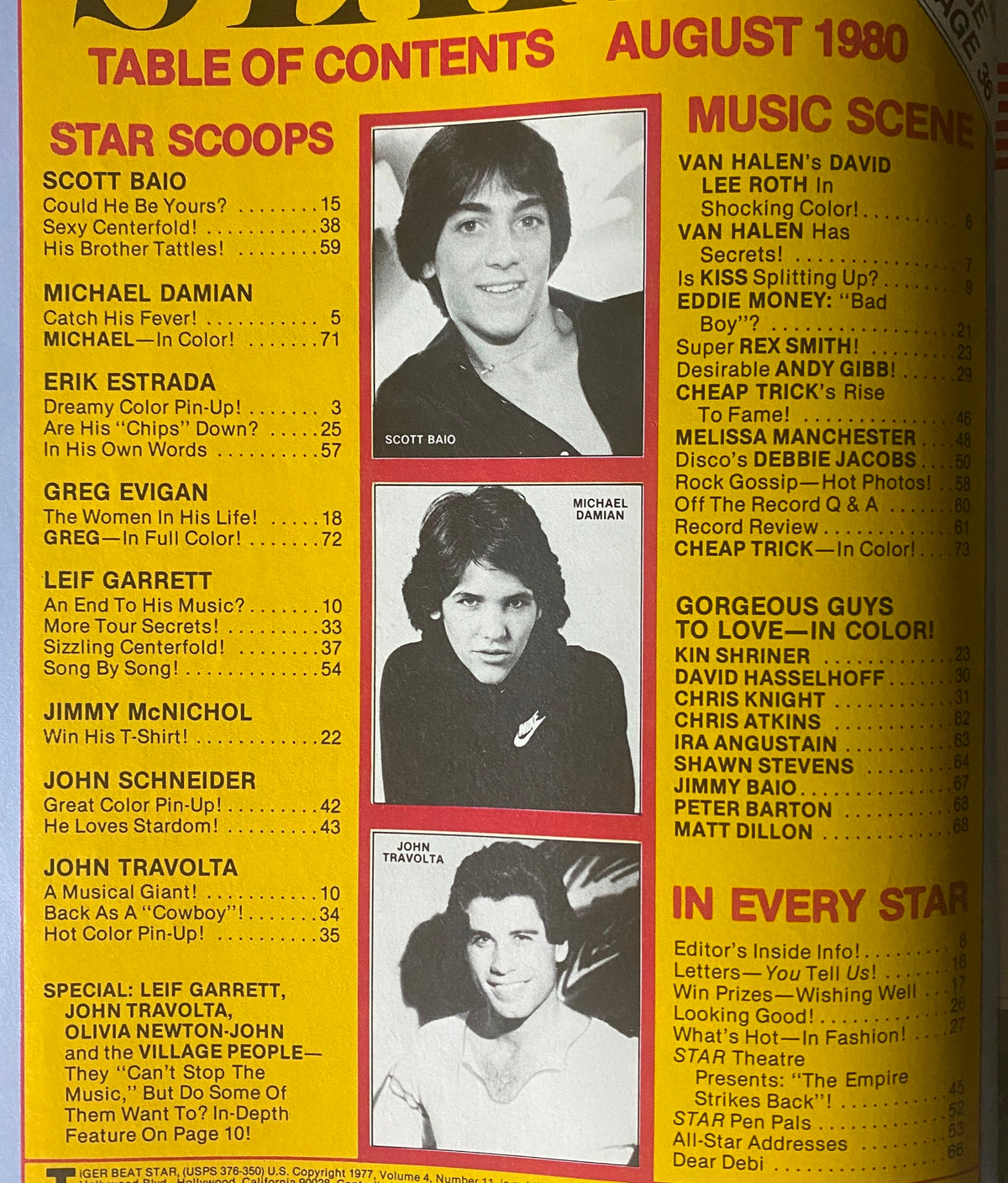 Table of Contents from Tiger Beat Star Magazine August 1980 featuring Scott Baio, Michael Damian, and John Travolta alongside other popular stars of the era.