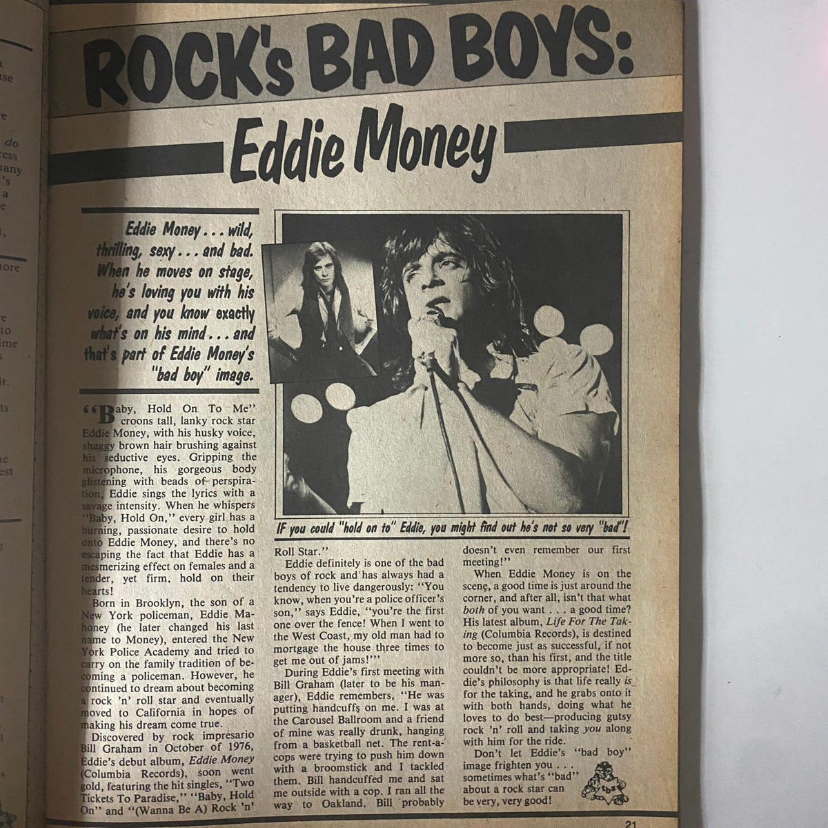 Feature article on Eddie Money titled 'Rock's Bad Boys' from Tiger Beat Star Magazine August 1980, highlighting the musician's career and charisma.