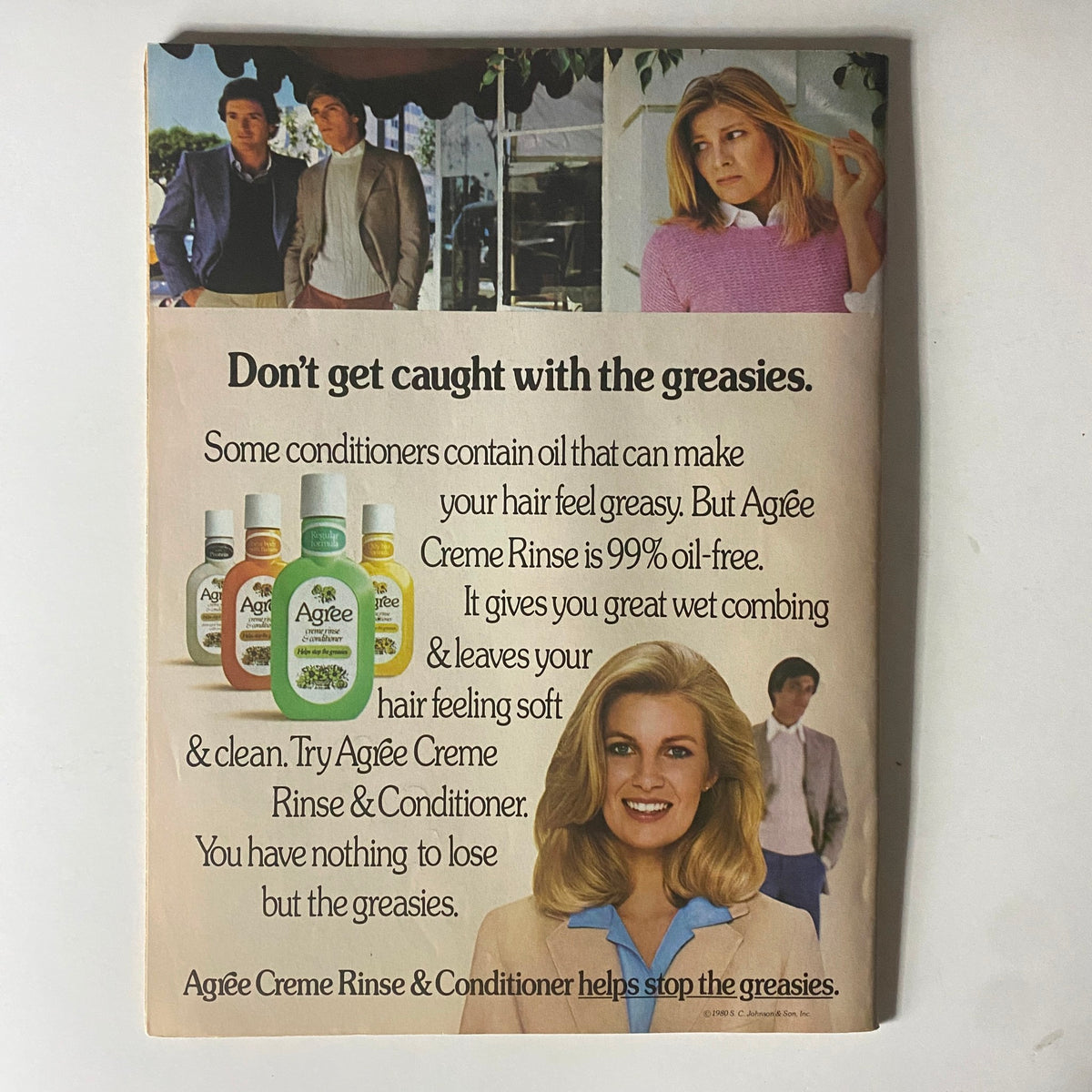 Vintage advertisement for Agree Creme Rinse found in Tiger Beat Star Magazine August 1980, featuring models promoting the product's benefits for hair care.