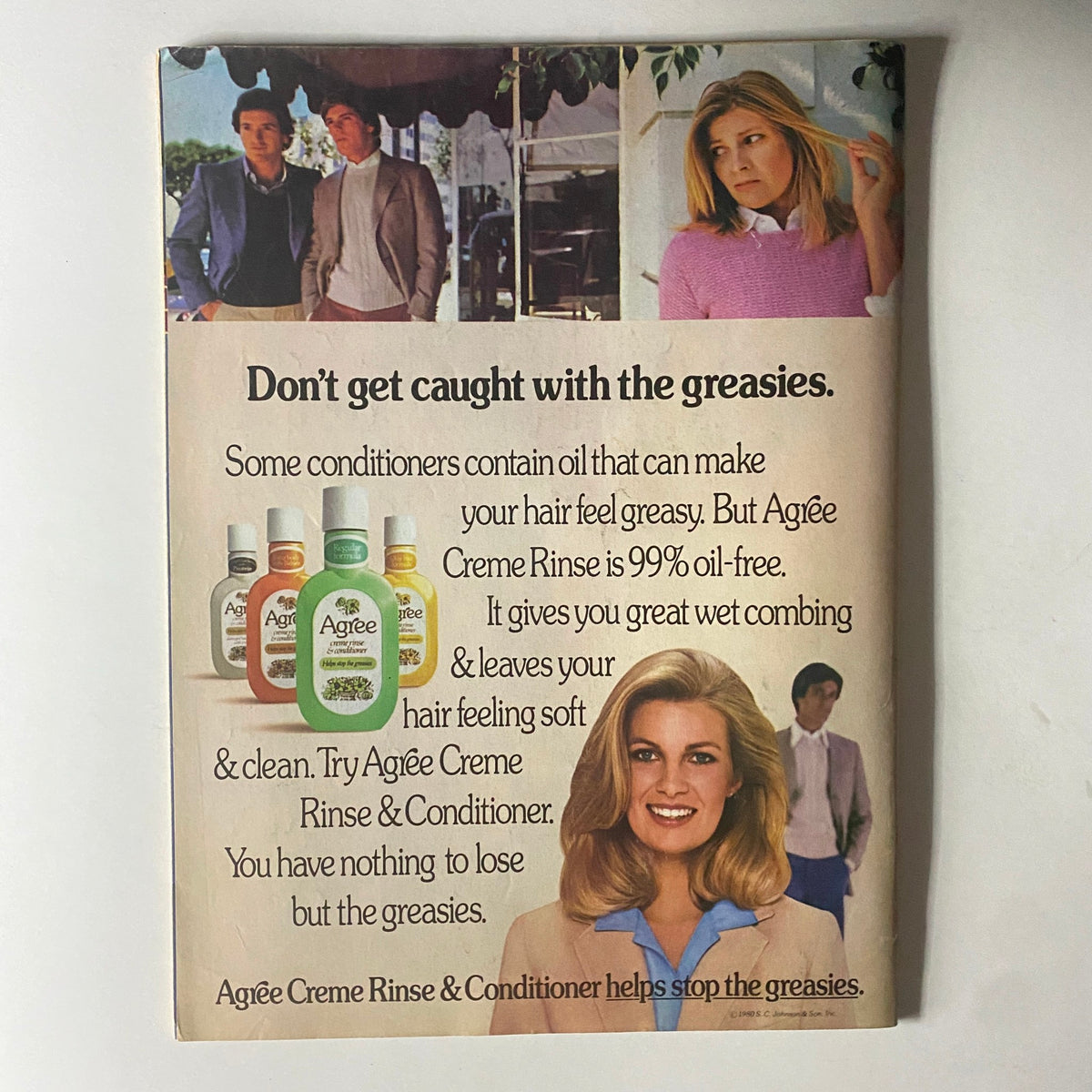 Advertisement for Agree Creme Rinse featured in the July 1980 issue of Tiger Beat Star Magazine, promoting oil-free hair care with model endorsements.