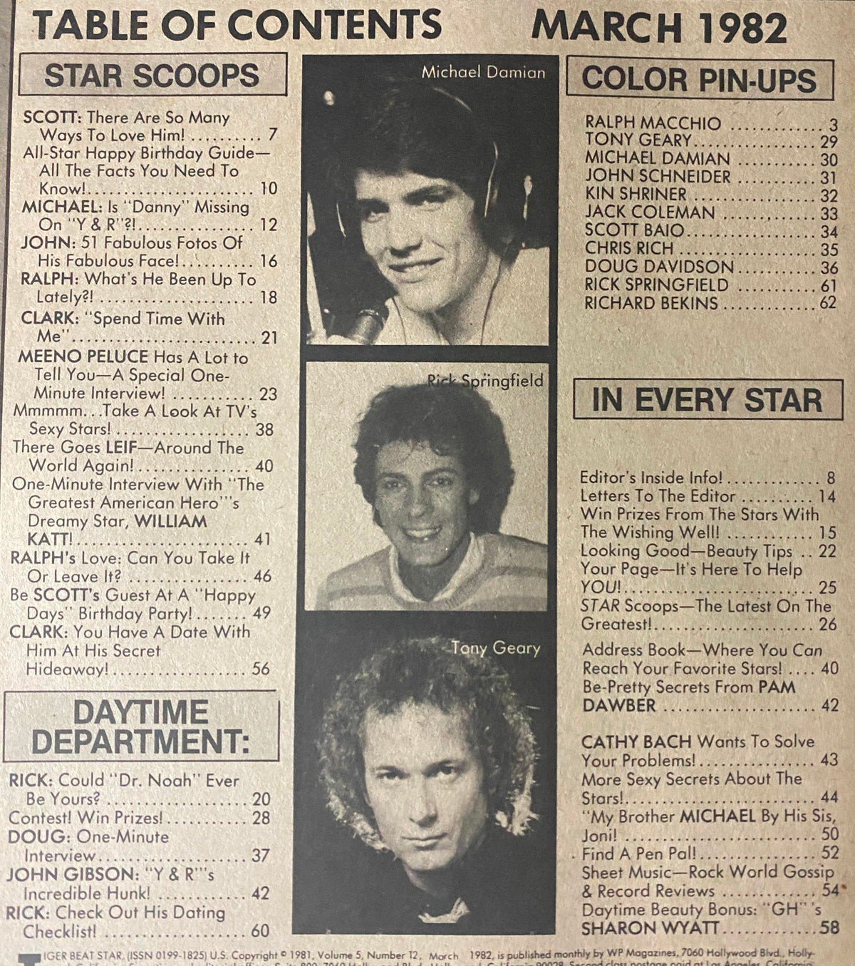 Table of contents from Tiger Beat Star Magazine March 1982, showcasing articles and features related to popular teens stars and gossip, including Rick Springfield and Michael Damian.