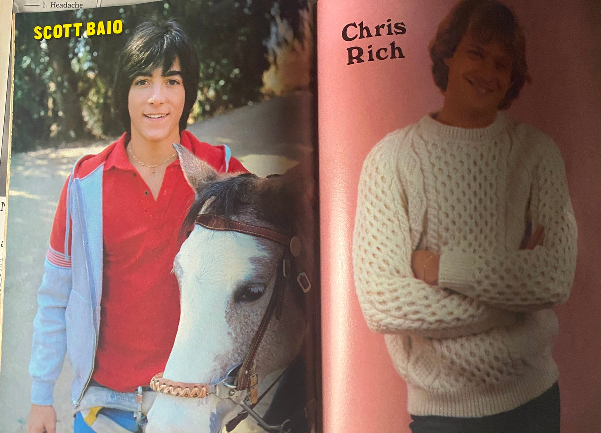 Scott Baio featured in Tiger Beat Star Magazine March 1982, posing with a horse in a casual red outfit. A nostalgic representation of 1980s teen idol culture.