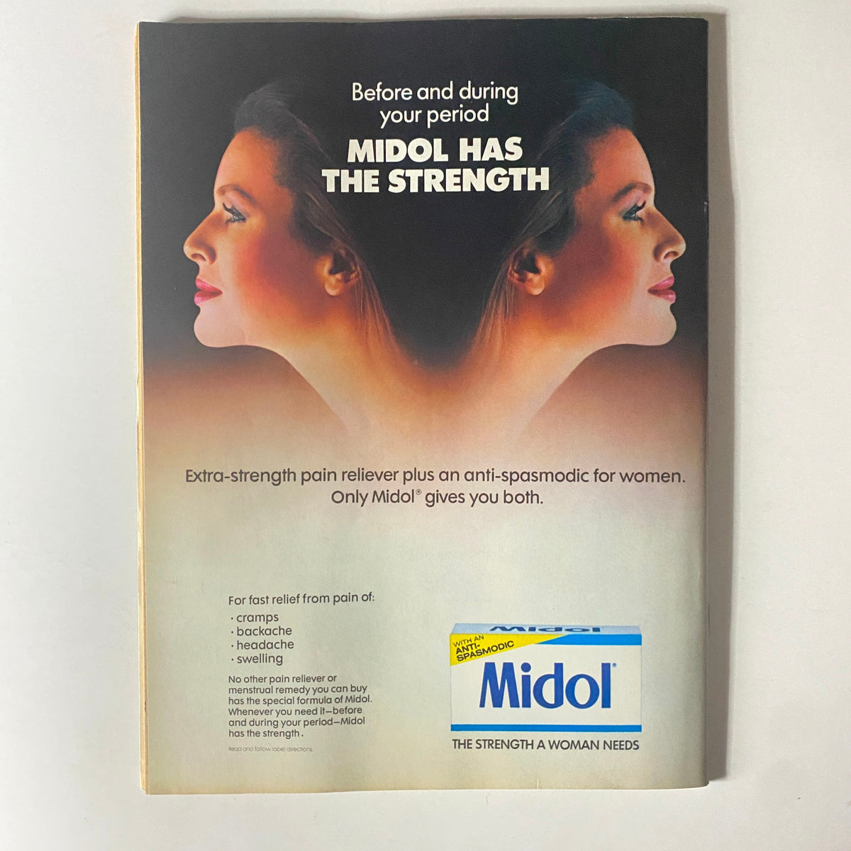 Midol advertisement from Tiger Beat Star Magazine March 1982, showcasing a woman’s profile with the tagline 'Midol has the strength.' This vintage ad reflects 1980s marketing themes.