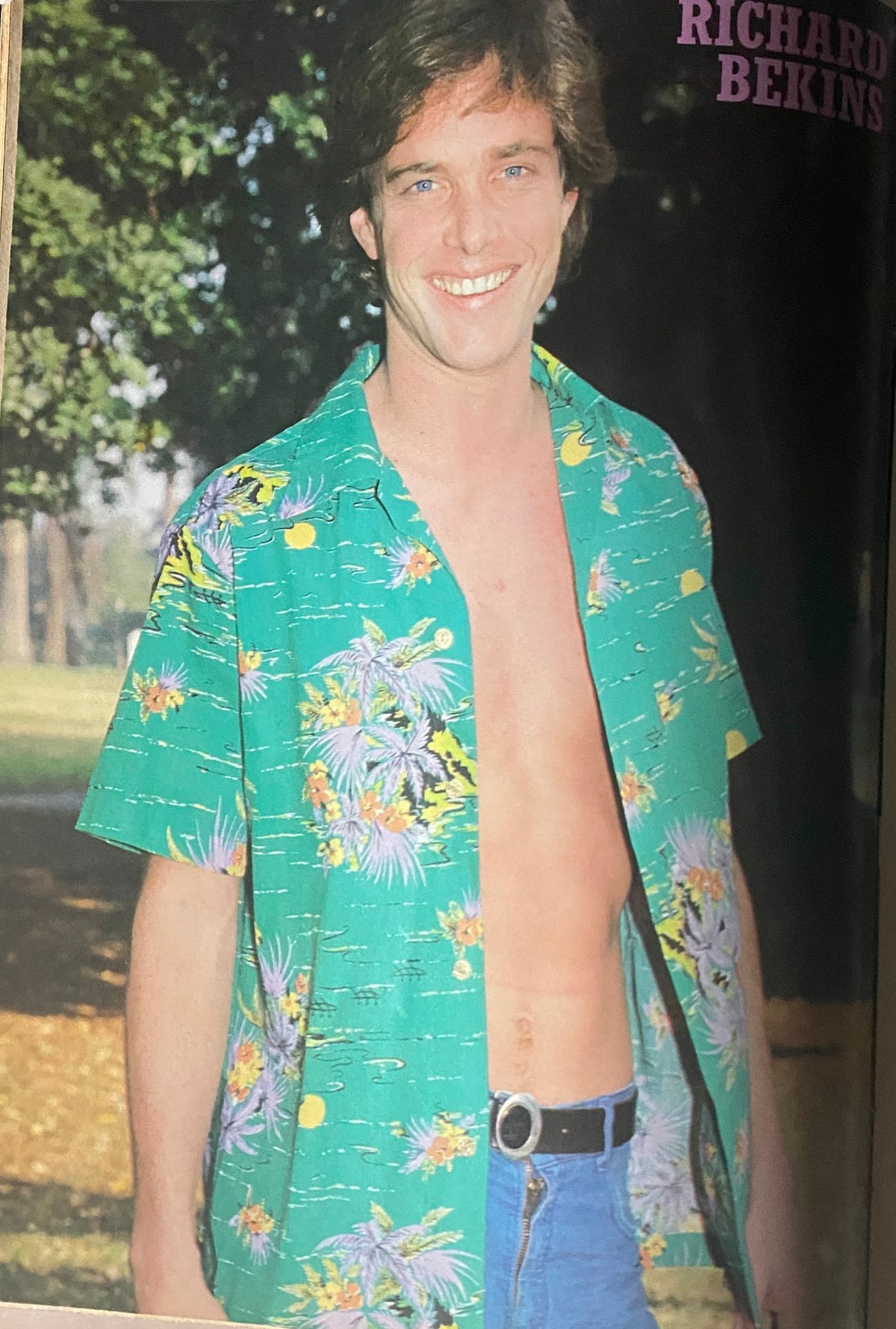 Richard Bekins smiling in a colorful Hawaiian shirt, showcasing a youthful look in Tiger Beat Star Magazine August 1981.