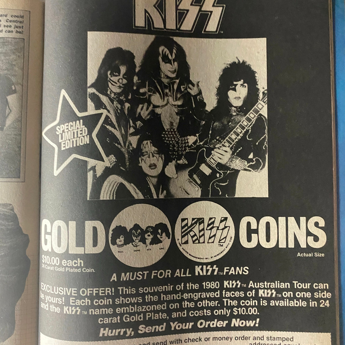 Promotional advertisement for KISS Coins from Tiger Beat Star Magazine August 1981, highlighting a special limited edition coin offer for fans.