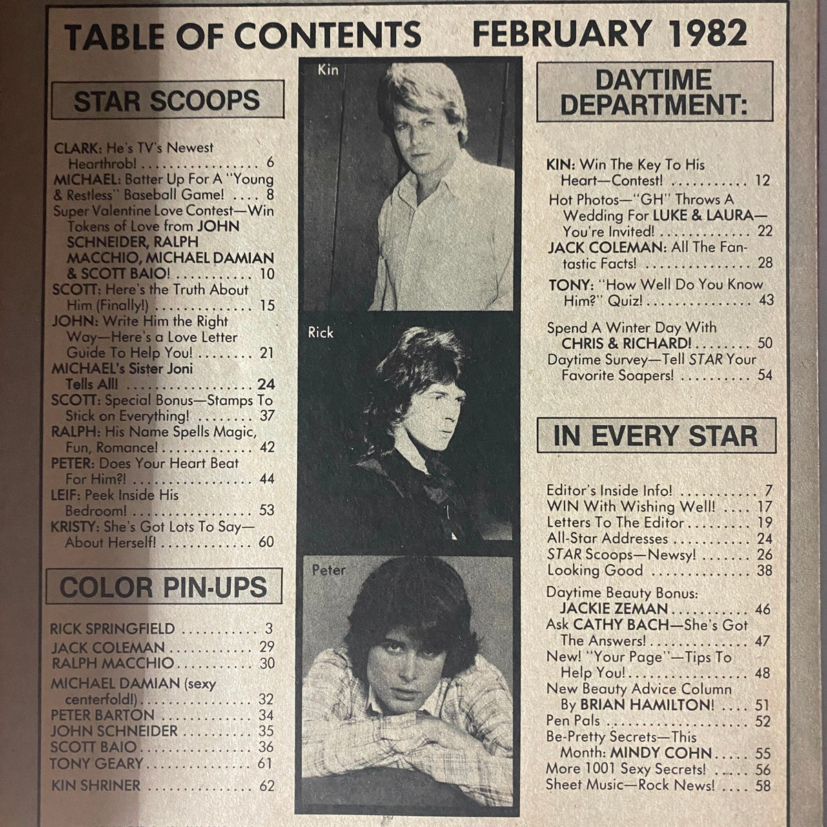 Table of contents from the February 1982 issue of Tiger Beat Star Magazine listing features such as star scoops, contests, and pin-ups including Michael Damian and Scott Baio.