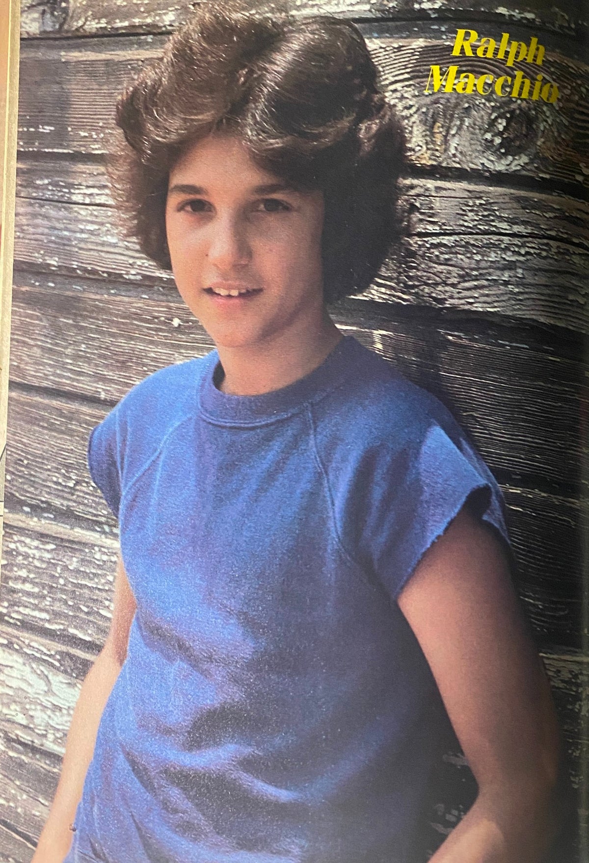 Ralph Macchio featured in Tiger Beat Star Magazine February 1982, showcasing his youthful charm with a casual blue t-shirt against a rustic background.