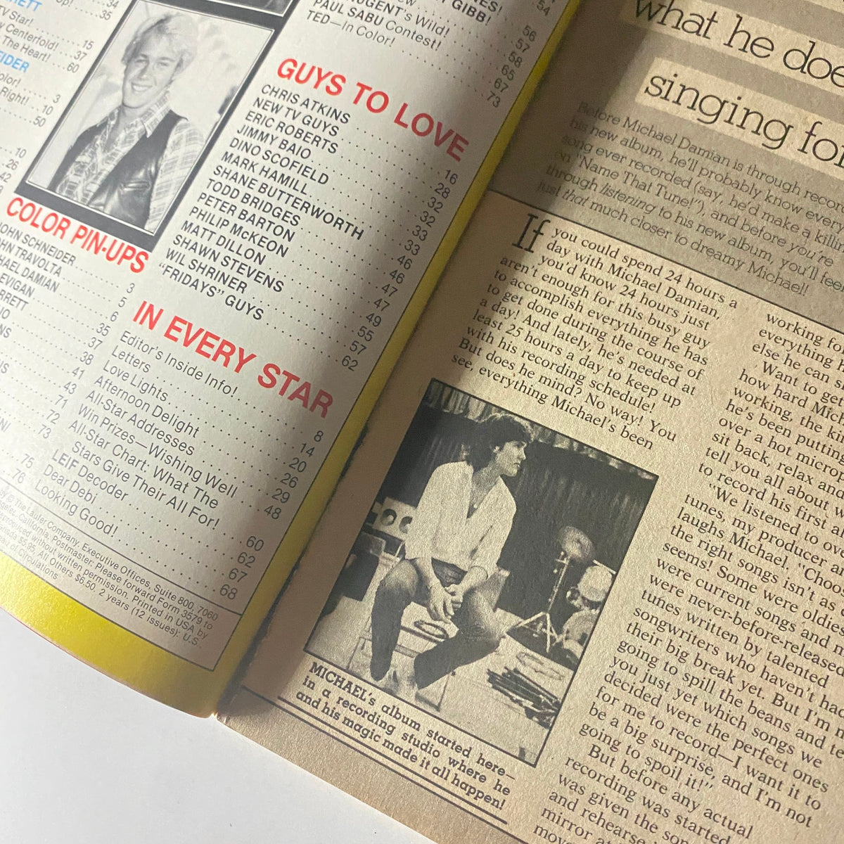 Inside pages of Tiger Beat Star Magazine October 1980, highlighting articles and celebrity features including Michael Damian, encapsulating the vibrant pop culture of the era.