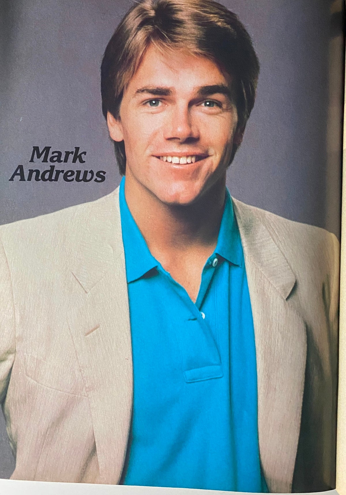 Image from Tiger Beat Star Magazine October 1982 featuring Mark Andrews, a young man in a light blazer and turquoise shirt, representing iconic fashion and style of the 1980s.