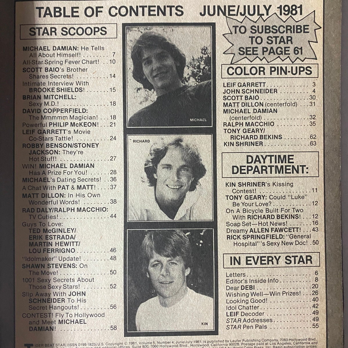 Table of contents from June/July 1981 Tiger Beat Star Magazine listing features and exclusive interviews, including Kin Shriner's Kissing Contest.
