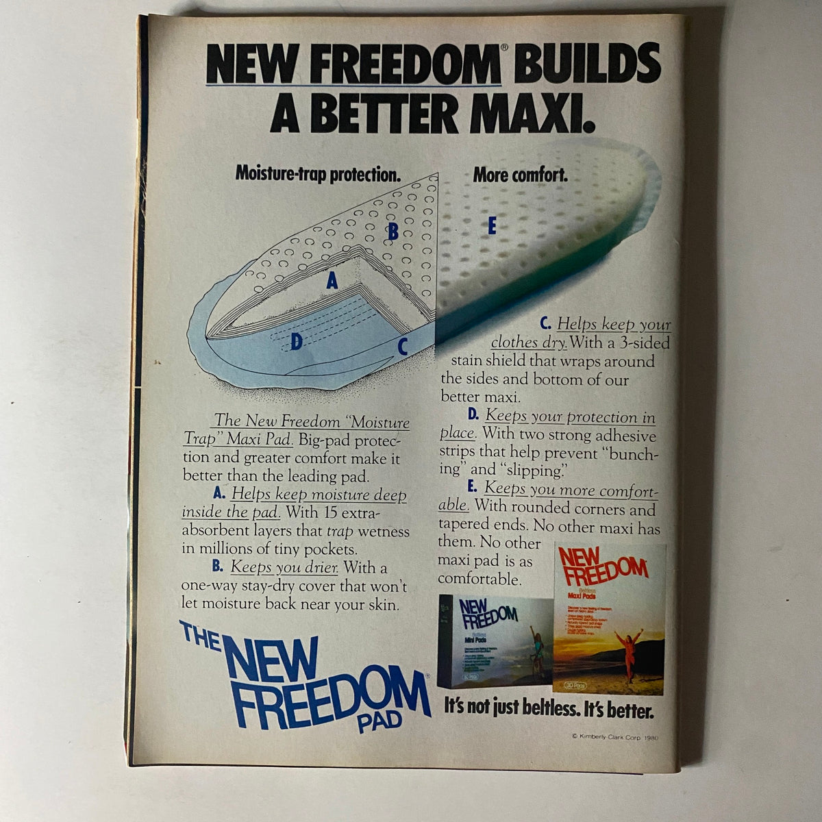 Advertisement for New Freedom Maxi Pads from Tiger Beat Star Magazine June 1981, highlighting features like moisture-trap protection and comfort.